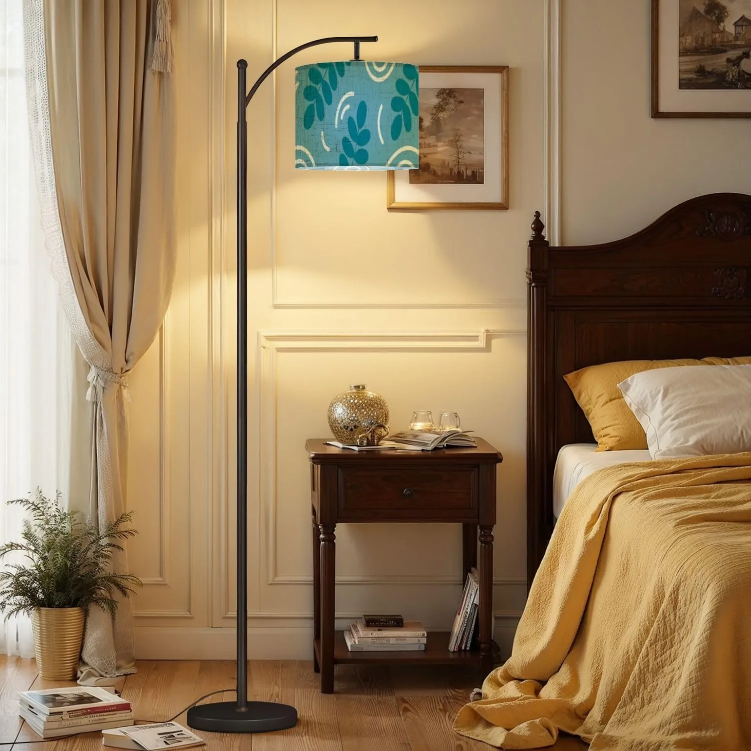 Arc Floor Lamps Spring Floral Washi Tape Modern LED Adjustable Lampshade Standing Light for Living Room Reading Bedroom Office
