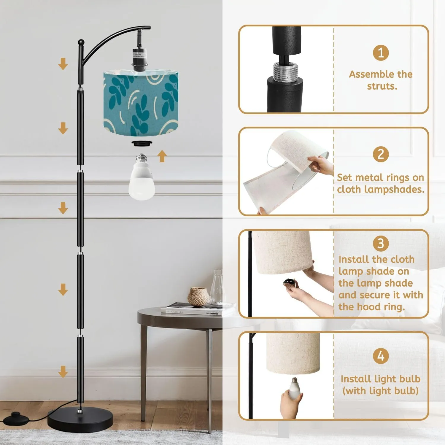 Arc Floor Lamps Spring Floral Washi Tape Modern LED Adjustable Lampshade Standing Light for Living Room Reading Bedroom Office