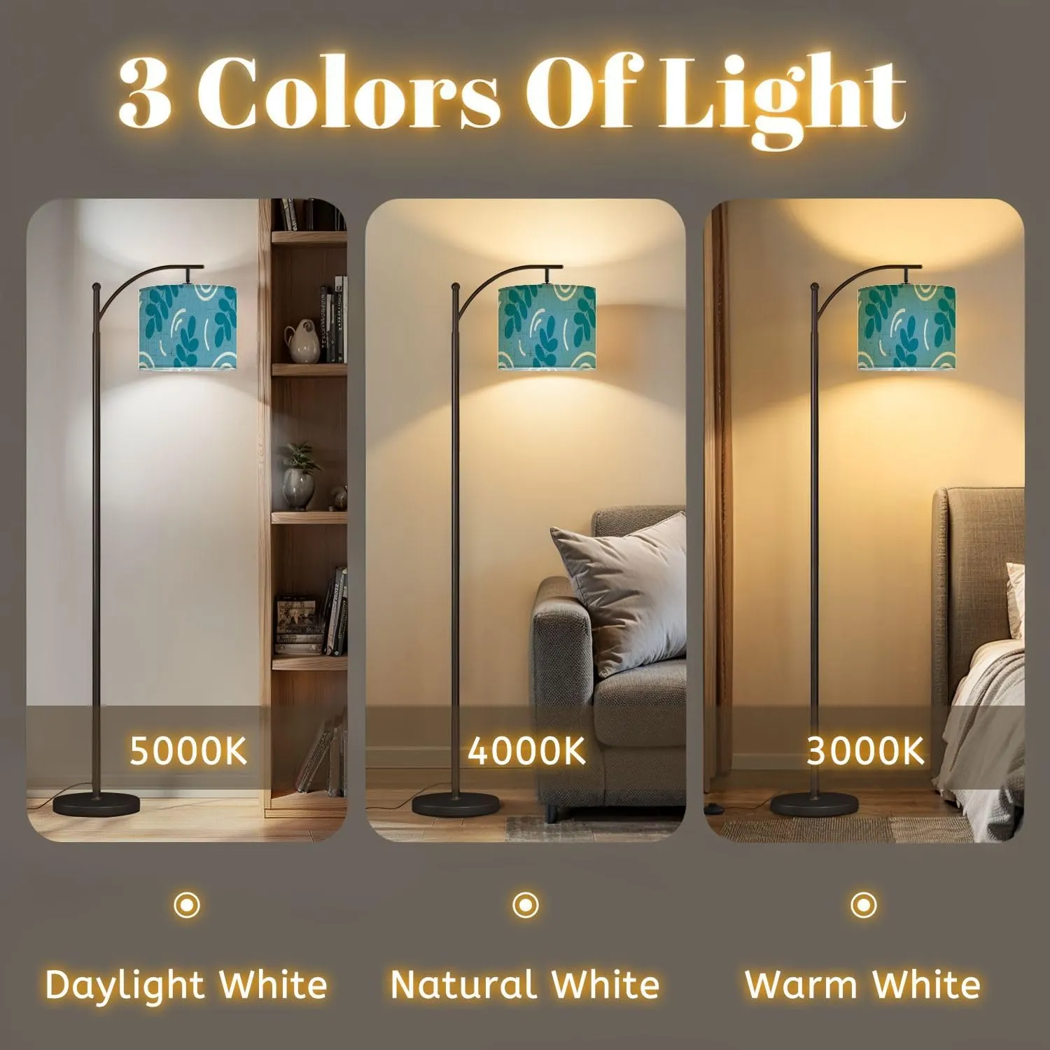 Arc Floor Lamps Spring Floral Washi Tape Modern LED Adjustable Lampshade Standing Light for Living Room Reading Bedroom Office