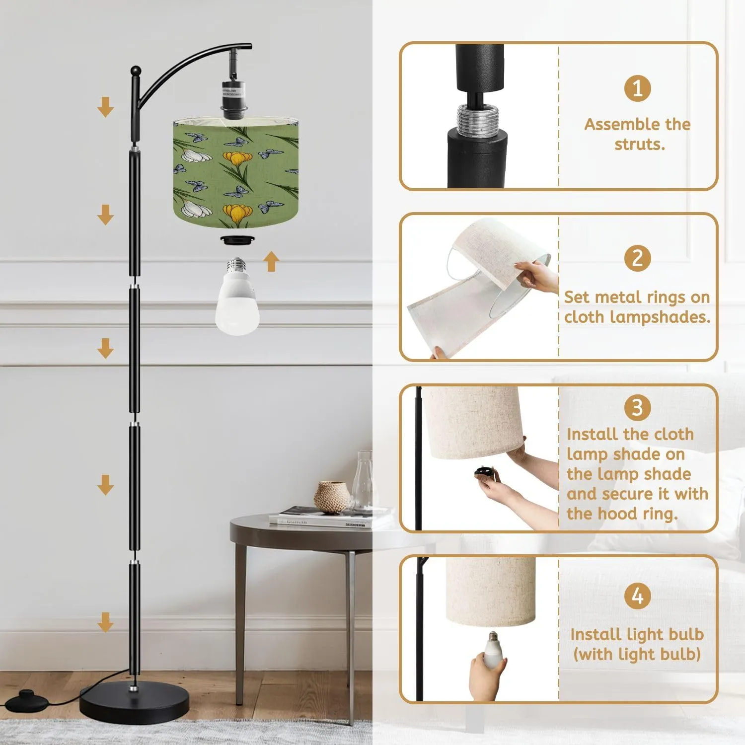 Arc Floor Lamps Yellow White Crocuses Butterflies Seamless Pattern Small Design Green Modern LED Adjustable Lampshade Standing Light for Living Room Reading Bedroom Office