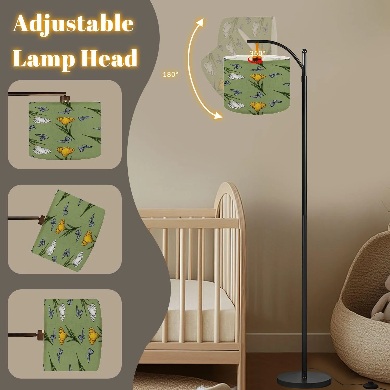 Arc Floor Lamps Yellow White Crocuses Butterflies Seamless Pattern Small Design Green Modern LED Adjustable Lampshade Standing Light for Living Room Reading Bedroom Office