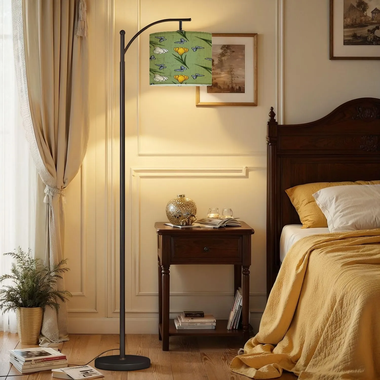 Arc Floor Lamps Yellow White Crocuses Butterflies Seamless Pattern Small Design Green Modern LED Adjustable Lampshade Standing Light for Living Room Reading Bedroom Office