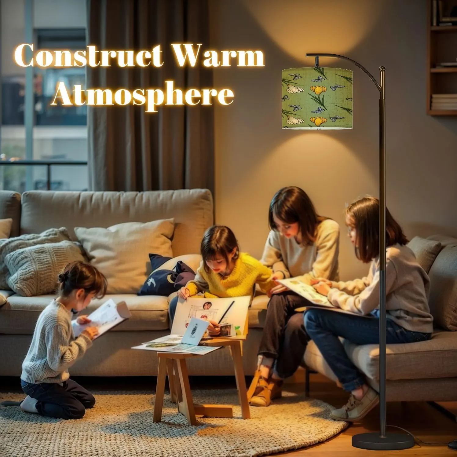 Arc Floor Lamps Yellow White Crocuses Butterflies Seamless Pattern Small Design Green Modern LED Adjustable Lampshade Standing Light for Living Room Reading Bedroom Office