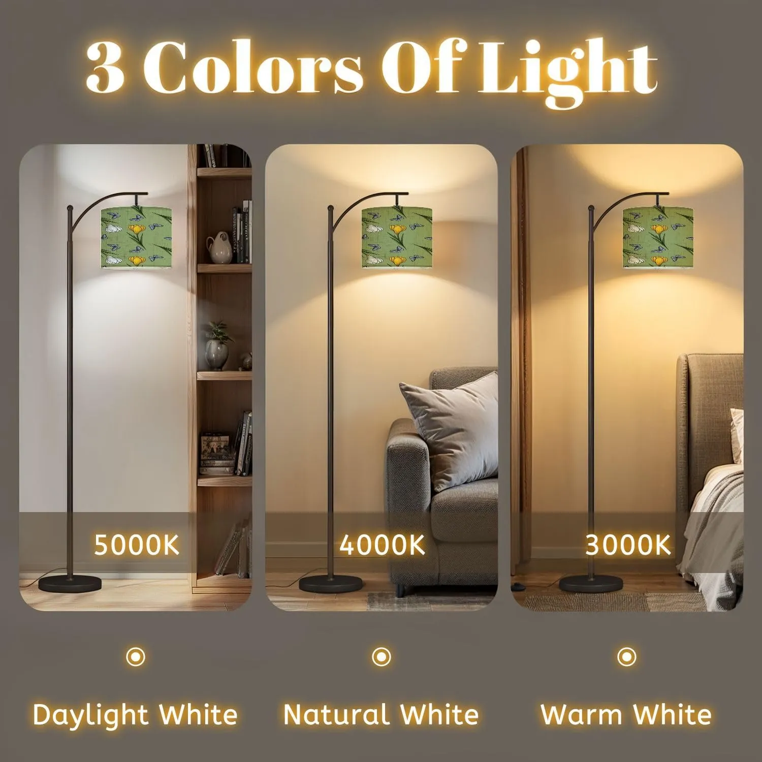 Arc Floor Lamps Yellow White Crocuses Butterflies Seamless Pattern Small Design Green Modern LED Adjustable Lampshade Standing Light for Living Room Reading Bedroom Office