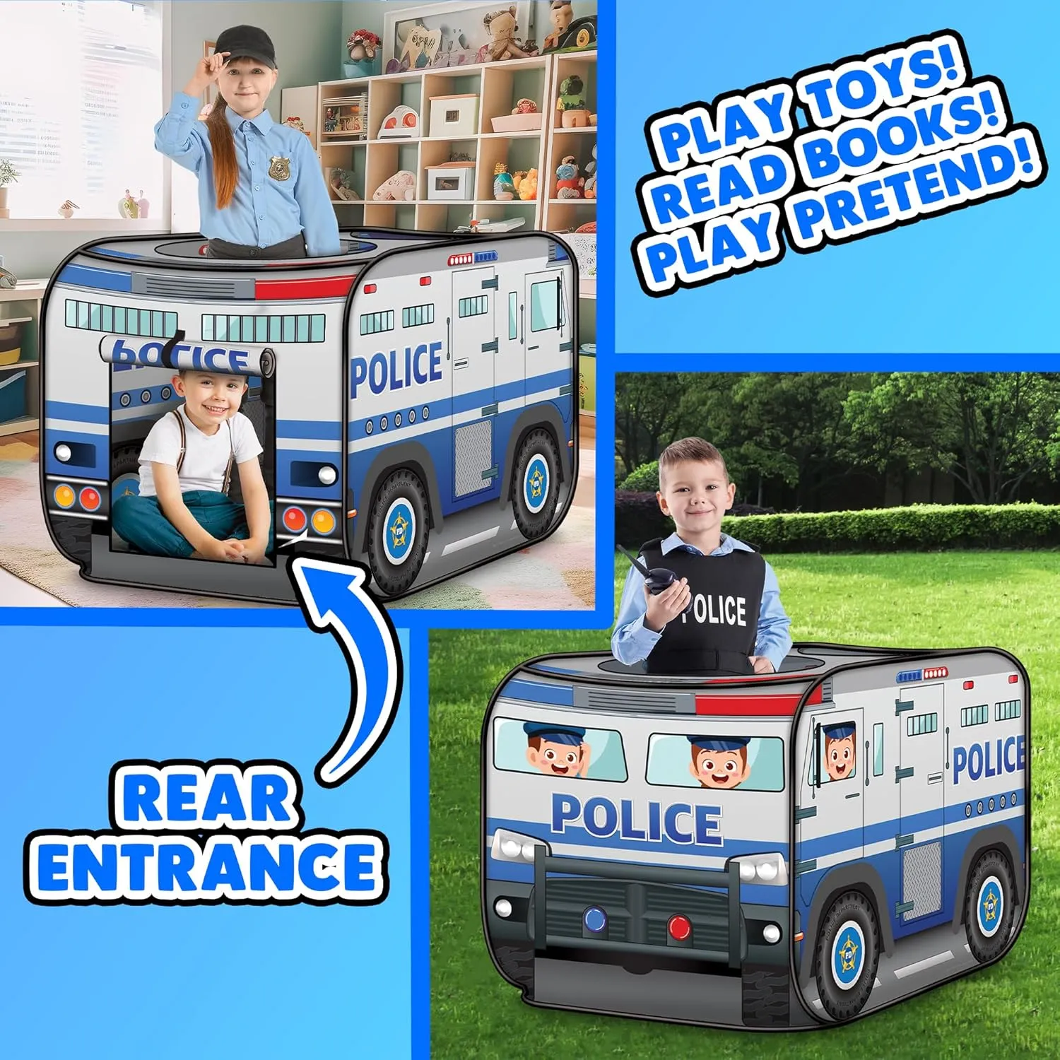 ArtCreativity Police Car Tent with Carry Bag, Pop Up Indoor Truck for Kids, Police Officer Outdoor Playhouse, Flat-Folding Kids Play Tent for Interactive Fun, Compact Storage Vehicle Toy