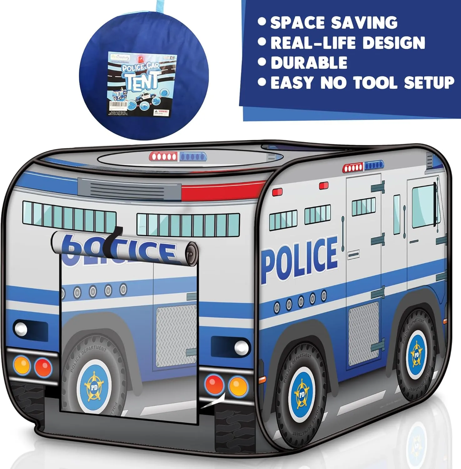 ArtCreativity Police Car Tent with Carry Bag, Pop Up Indoor Truck for Kids, Police Officer Outdoor Playhouse, Flat-Folding Kids Play Tent for Interactive Fun, Compact Storage Vehicle Toy