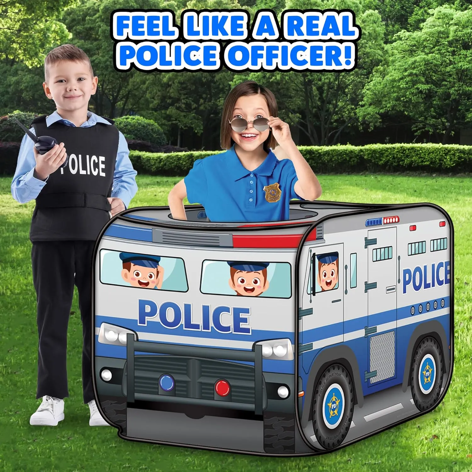 ArtCreativity Police Car Tent with Carry Bag, Pop Up Indoor Truck for Kids, Police Officer Outdoor Playhouse, Flat-Folding Kids Play Tent for Interactive Fun, Compact Storage Vehicle Toy
