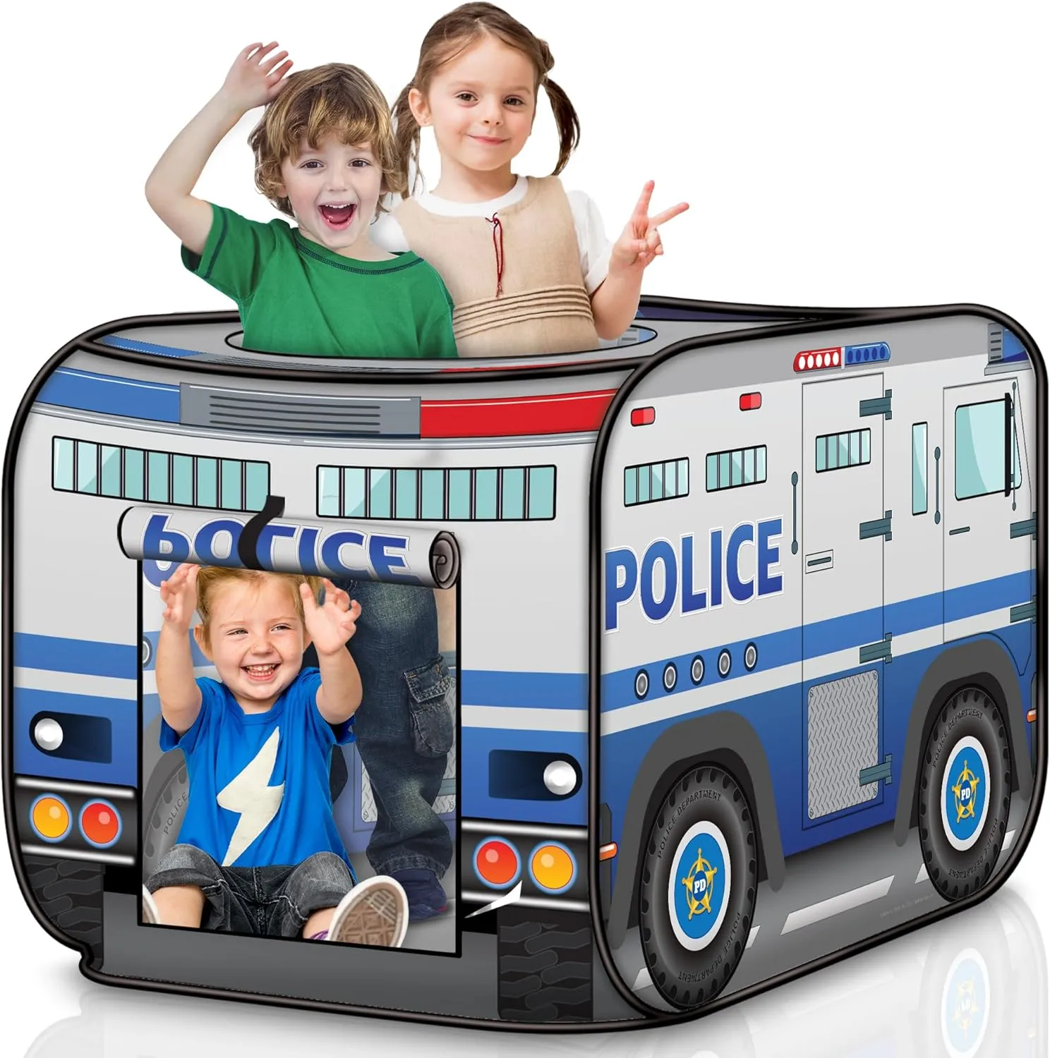 ArtCreativity Police Car Tent with Carry Bag, Pop Up Indoor Truck for Kids, Police Officer Outdoor Playhouse, Flat-Folding Kids Play Tent for Interactive Fun, Compact Storage Vehicle Toy