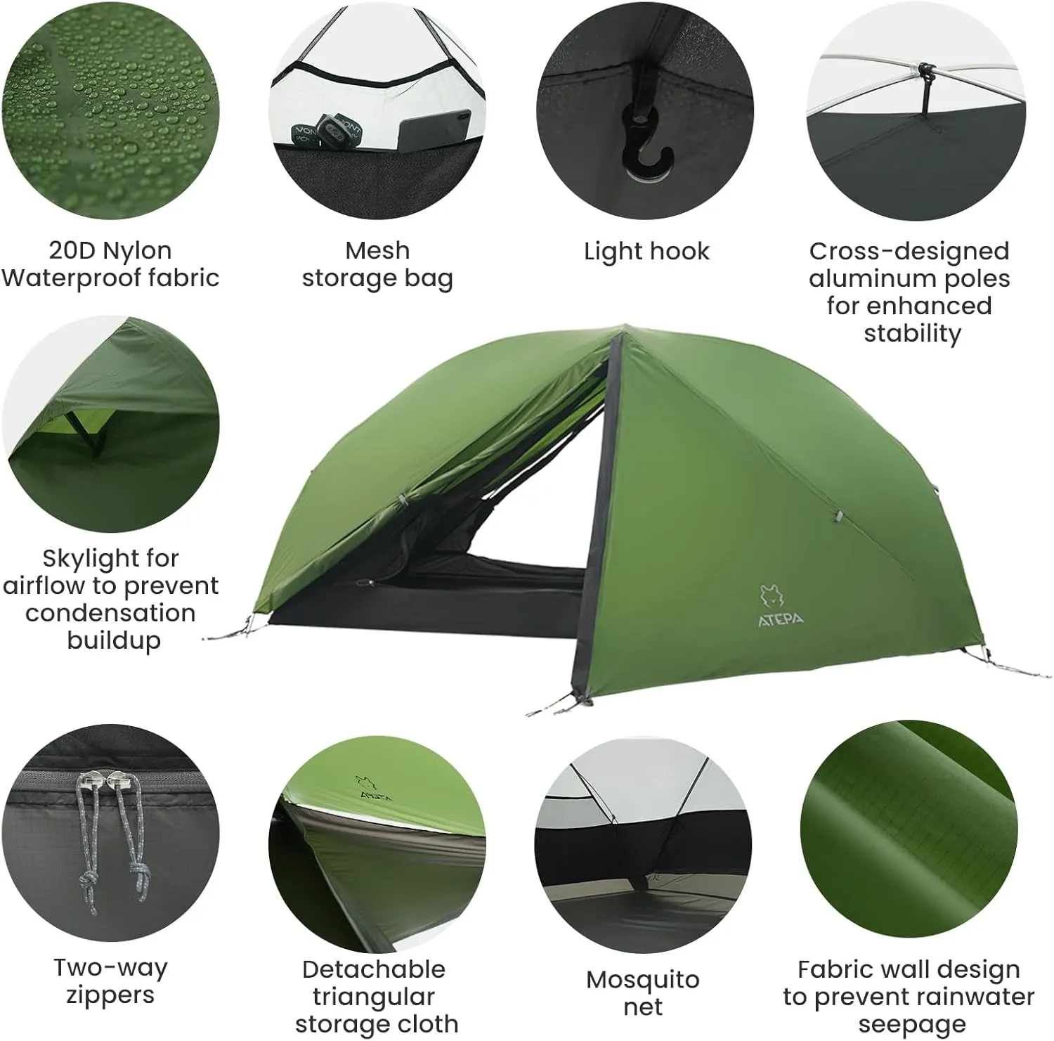 ATEPA Ultralight Backpacking Tent, 2 Person 1 Person Nylon Lightweight 4000MM  Waterproof Windproof Portable Tent with Aluminum Frame & Rainfly for Backpacking Hiking Camping Motorcycle, 4 Season