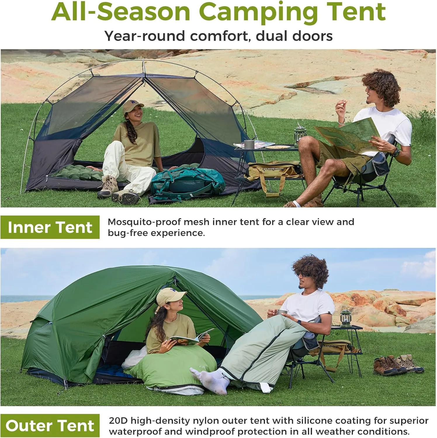 ATEPA Ultralight Backpacking Tent, 2 Person 1 Person Nylon Lightweight 4000MM  Waterproof Windproof Portable Tent with Aluminum Frame & Rainfly for Backpacking Hiking Camping Motorcycle, 4 Season
