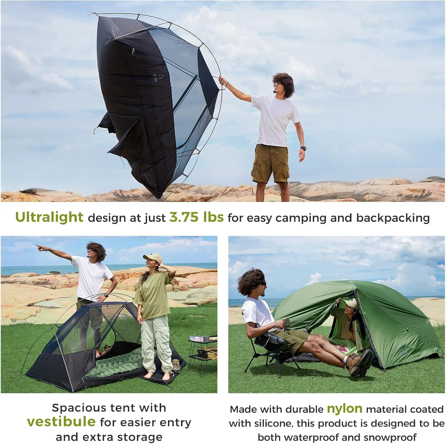 ATEPA Ultralight Backpacking Tent, 2 Person 1 Person Nylon Lightweight 4000MM  Waterproof Windproof Portable Tent with Aluminum Frame & Rainfly for Backpacking Hiking Camping Motorcycle, 4 Season