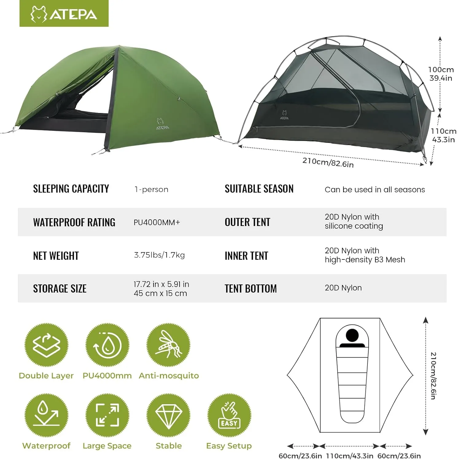ATEPA Ultralight Backpacking Tent, 2 Person 1 Person Nylon Lightweight 4000MM  Waterproof Windproof Portable Tent with Aluminum Frame & Rainfly for Backpacking Hiking Camping Motorcycle, 4 Season