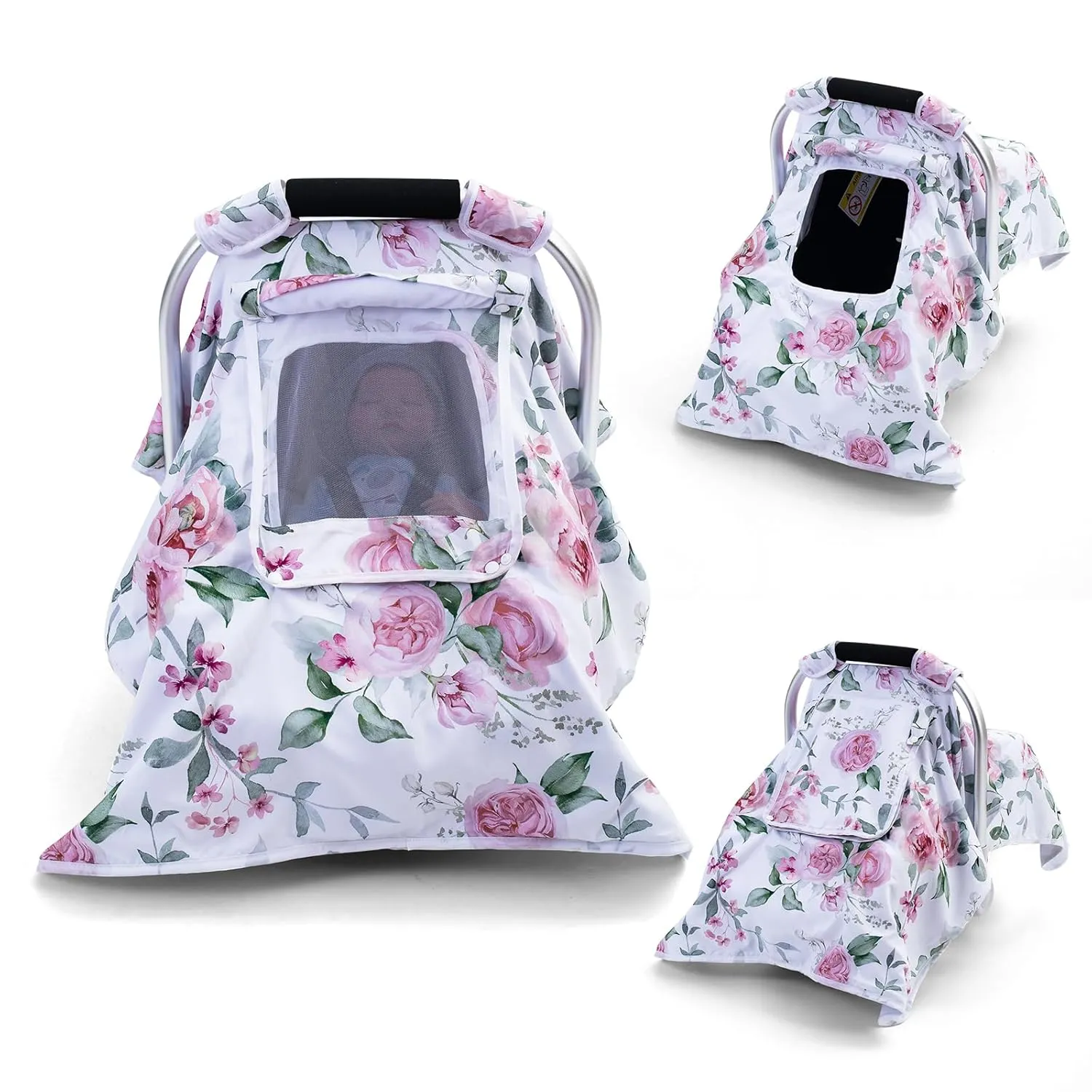 Baby Car Seat Cover, Carseat Covers Baby Girls, Infant Car Seat Cover with 2 Layer Windows, Breathable Baby Carrier Sun Shade Cover, Windproof Car Seat Canopy Weather Shield for Newborn