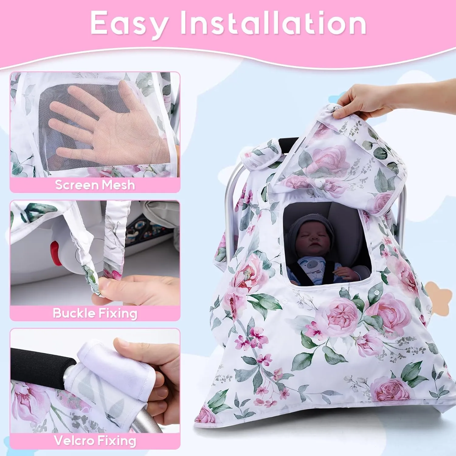 Baby Car Seat Cover, Carseat Covers Baby Girls, Infant Car Seat Cover with 2 Layer Windows, Breathable Baby Carrier Sun Shade Cover, Windproof Car Seat Canopy Weather Shield for Newborn