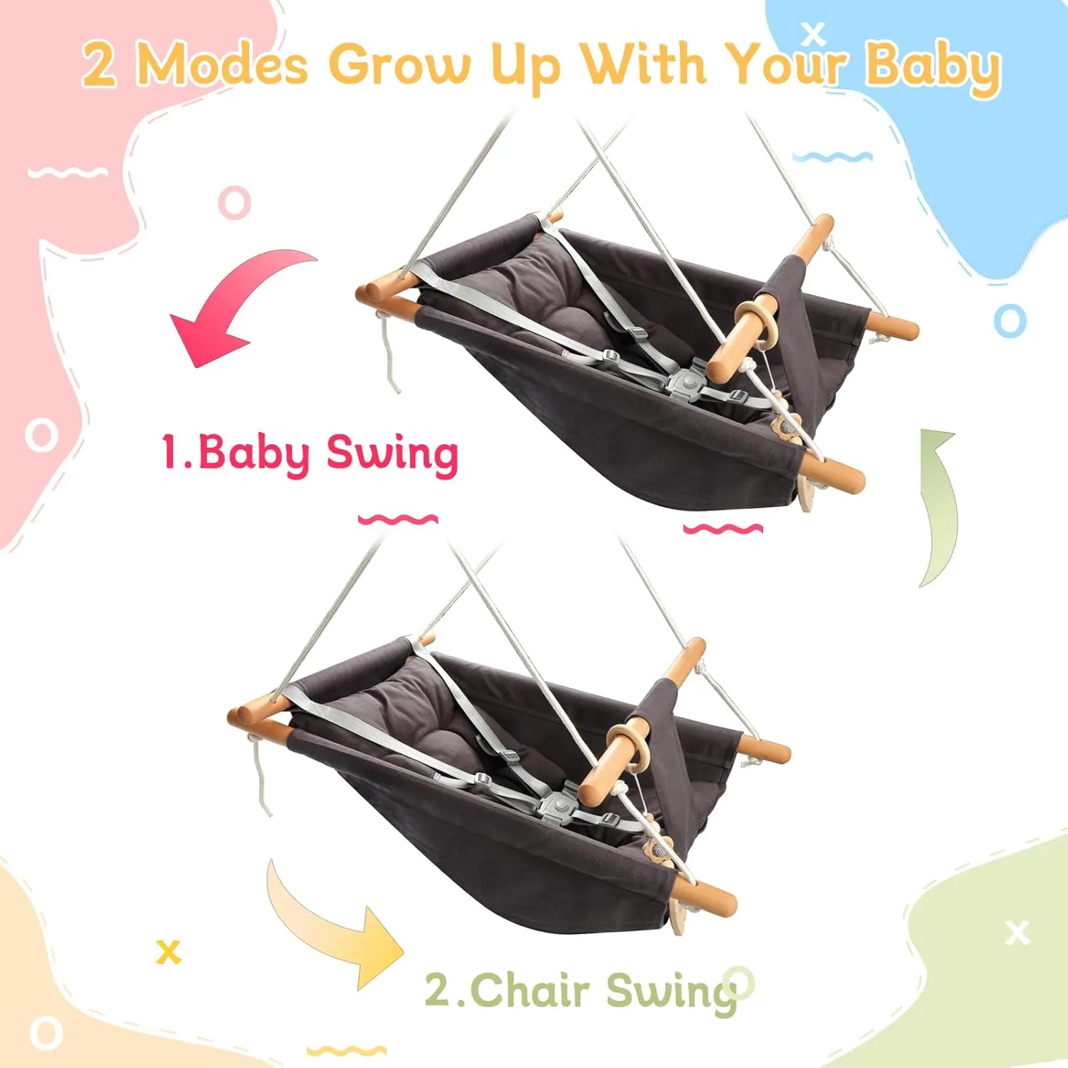 Baby Swing Outdoor Indoor for Infants to Toddlers, Portable Adjustable Baby Porch Swing with 5-Point Safety Belt, Kids Tree Hanging Chair Toys for Door Garden Backyard