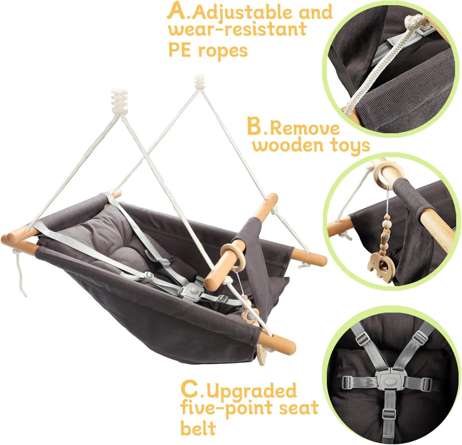 Baby Swing Outdoor Indoor for Infants to Toddlers, Portable Adjustable Baby Porch Swing with 5-Point Safety Belt, Kids Tree Hanging Chair Toys for Door Garden Backyard