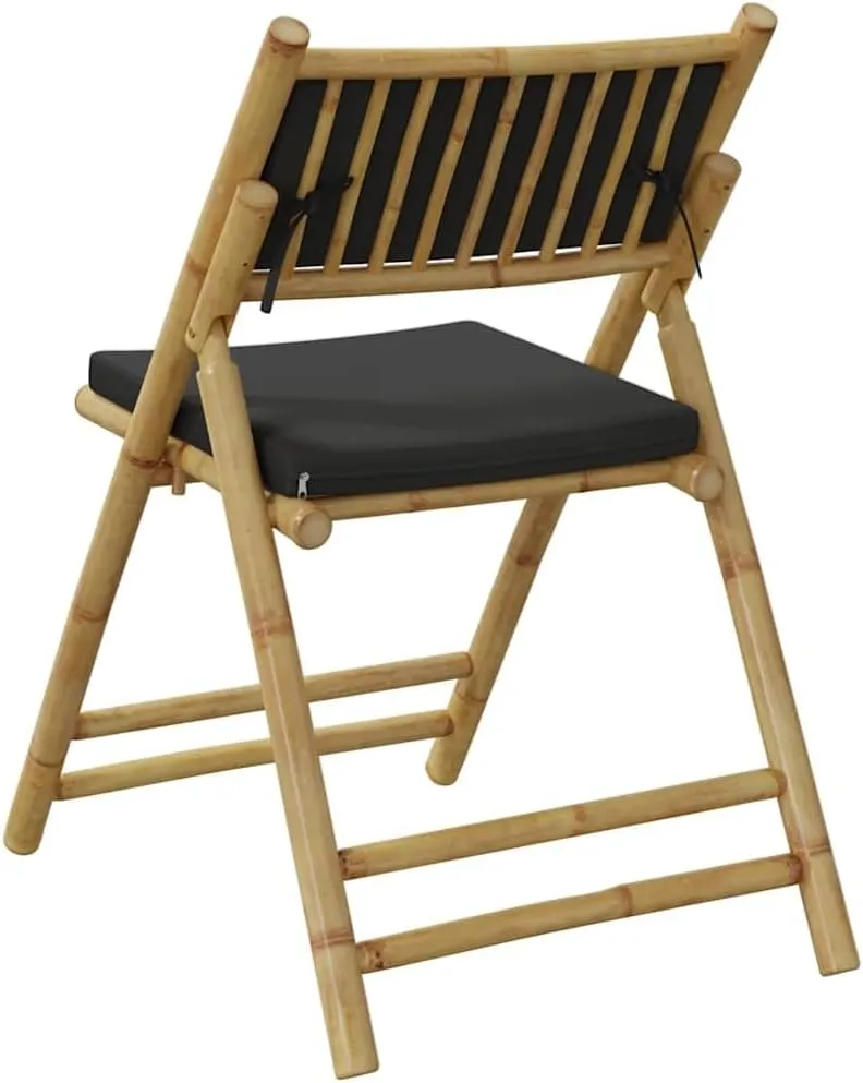 Bamboo Folding Bistro Chairs 2-Pack with Removable Cushions, Patio Dining Chairs for Outdoor Poolside Lounging Indoor Reading, Dark Gray Foldable Furniture with Thick Padding