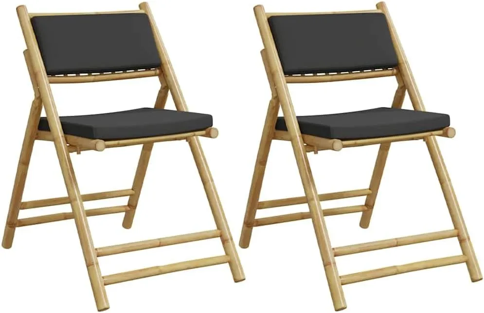 Bamboo Folding Bistro Chairs 2-Pack with Removable Cushions, Patio Dining Chairs for Outdoor Poolside Lounging Indoor Reading, Dark Gray Foldable Furniture with Thick Padding