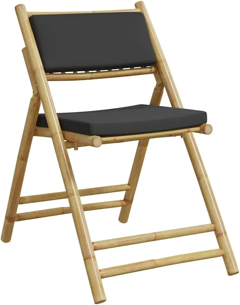 Bamboo Folding Bistro Chairs 2-Pack with Removable Cushions, Patio Dining Chairs for Outdoor Poolside Lounging Indoor Reading, Dark Gray Foldable Furniture with Thick Padding