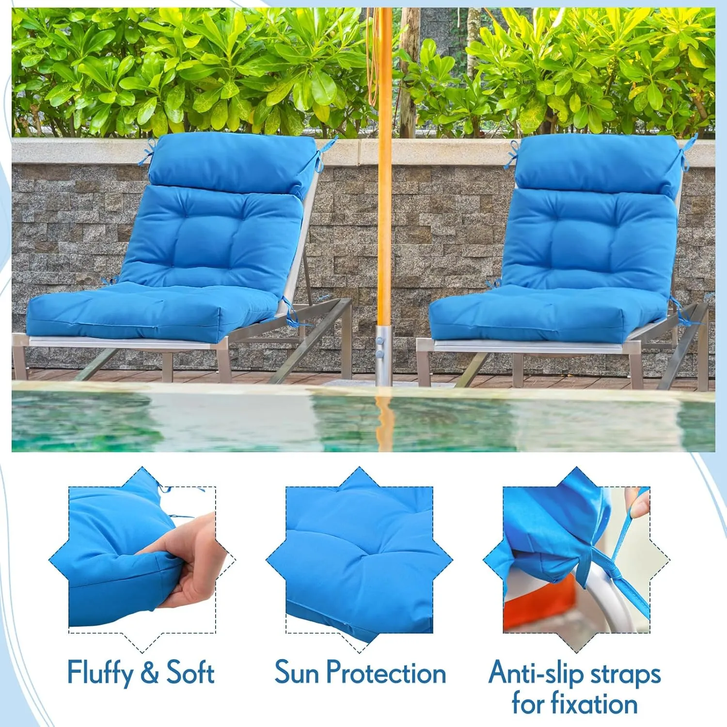 Barydat 4 Pack High Back Chair Cushion Indoor Outdoor Tufted Seat and Back Chair Rocking Pads Lounge Porch Seat Cushion with Ties for Patio Furniture, 43.4 x 21 x 3.3 Inch(Blue)