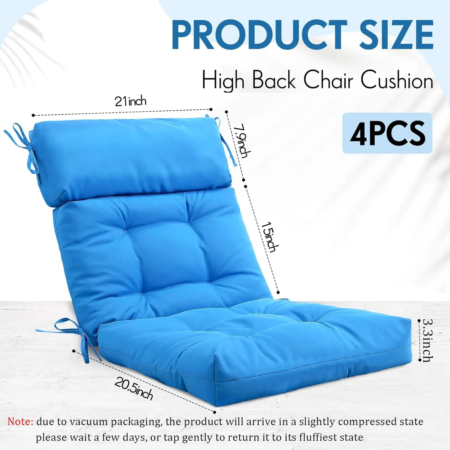 Barydat 4 Pack High Back Chair Cushion Indoor Outdoor Tufted Seat and Back Chair Rocking Pads Lounge Porch Seat Cushion with Ties for Patio Furniture, 43.4 x 21 x 3.3 Inch(Blue)