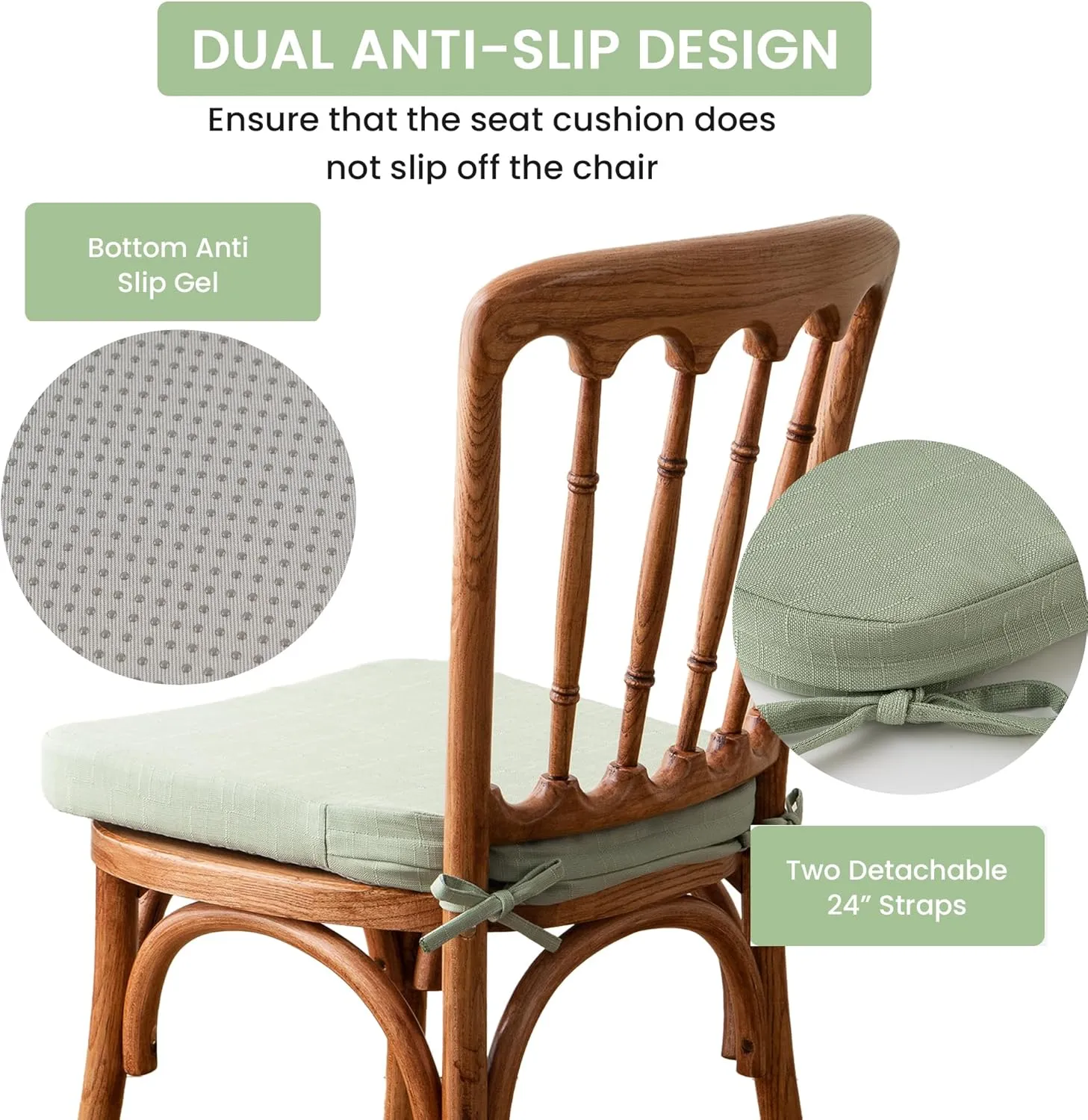 Battilo Chair Cushions for Dining Chairs with Ties, Indoor/Outdoor Kitchen Chair Pad with Non-Slip Backing, Dining Seat Cushion with Machine Washable Removable Cover, 16"x16"x2", Set of 4, Sage Green