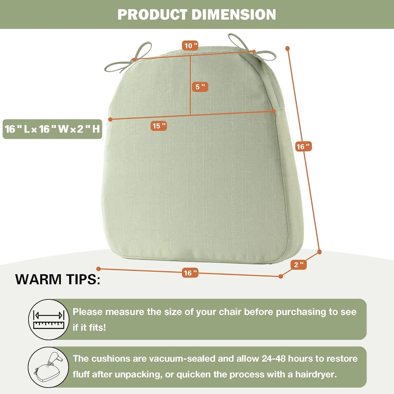 Battilo Chair Cushions for Dining Chairs with Ties, Indoor/Outdoor Kitchen Chair Pad with Non-Slip Backing, Dining Seat Cushion with Machine Washable Removable Cover, 16"x16"x2", Set of 4, Sage Green