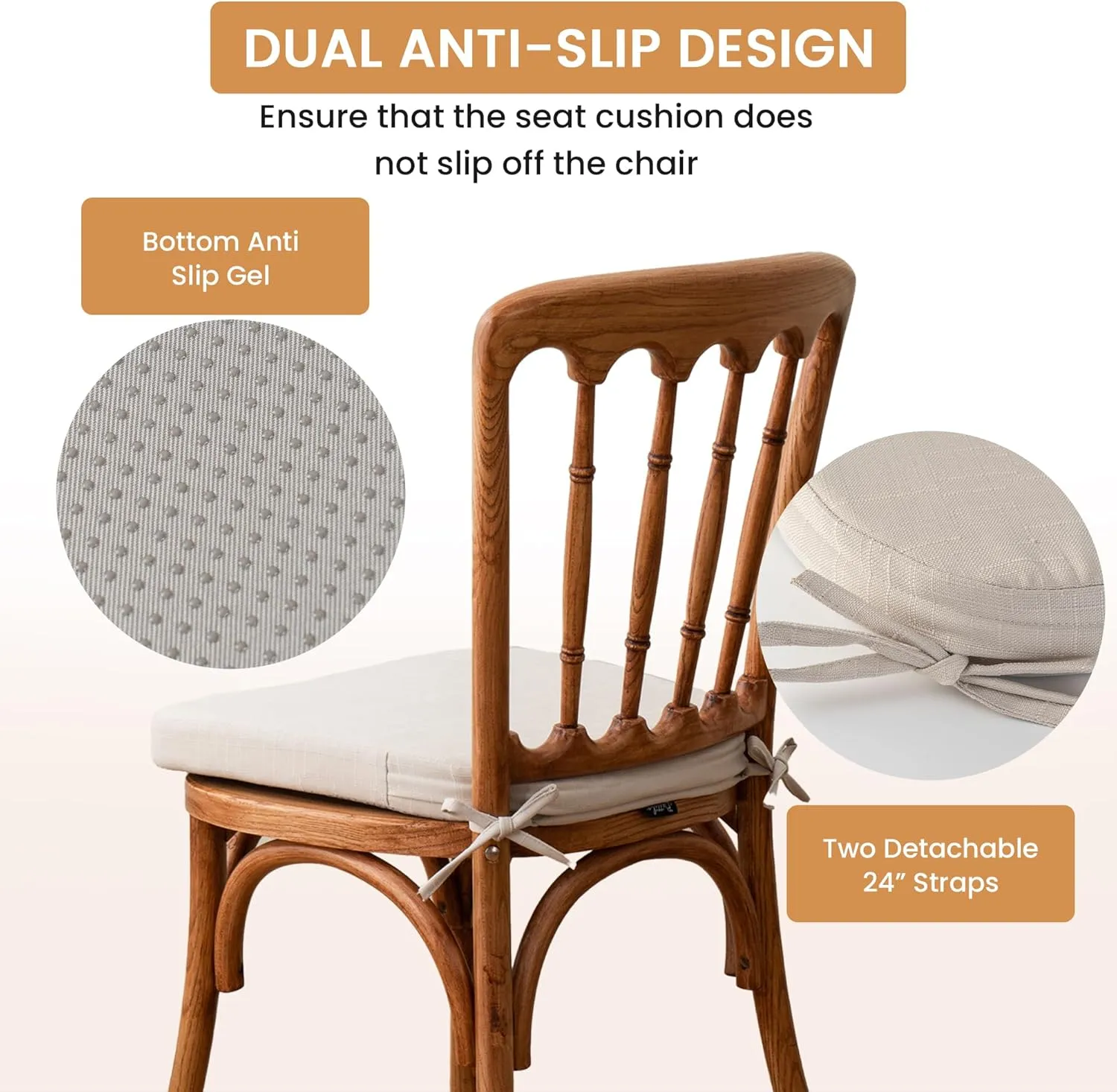 Battilo Chair Cushions for Dining Chairs with Ties, Kitchen Chair Pad with Non-Slip Backing and Removable Cover, Indoor/Outdoor Dining Seat Cushion, 16"x16"x2", Set of 4, Beige