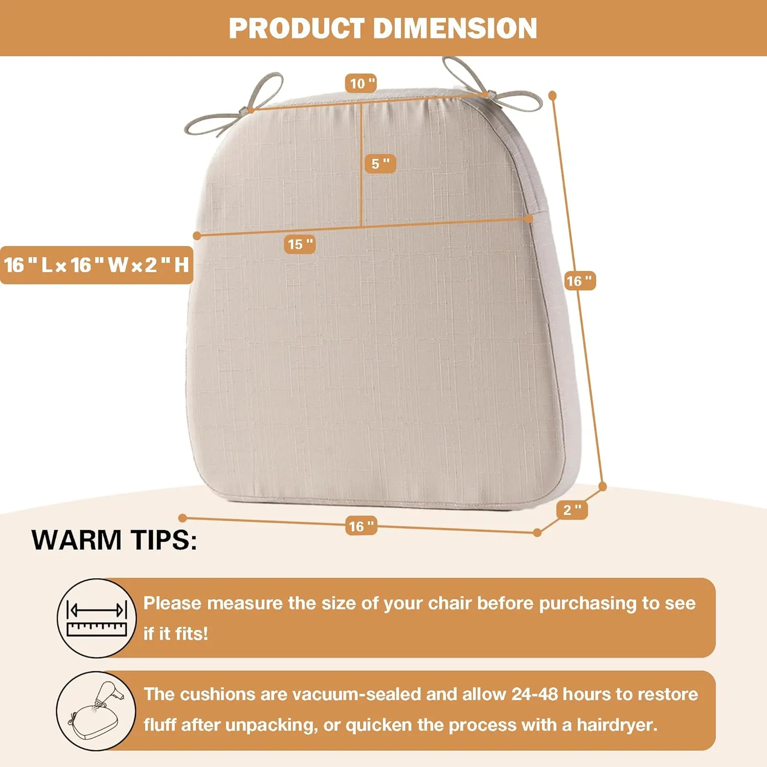 Battilo Chair Cushions for Dining Chairs with Ties, Kitchen Chair Pad with Non-Slip Backing and Removable Cover, Indoor/Outdoor Dining Seat Cushion, 16"x16"x2", Set of 4, Beige