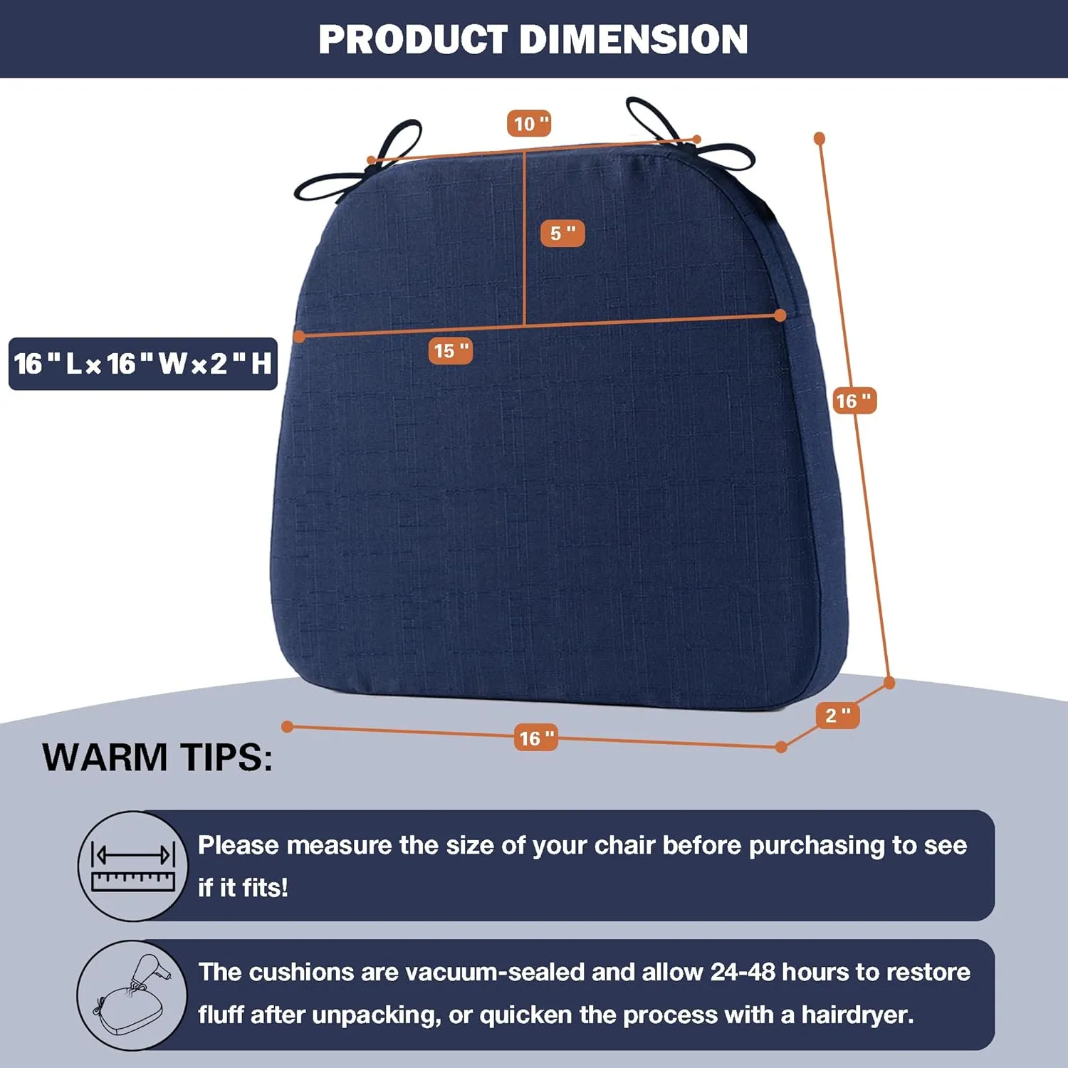 Battilo Chair Cushions for Dining Chairs with Ties, Kitchen Chair Pad with Non-Slip Backing and Removable Cover, Indoor/Outdoor Dining Seat Cushion, 16"x16"x2", Set of 4, Navy