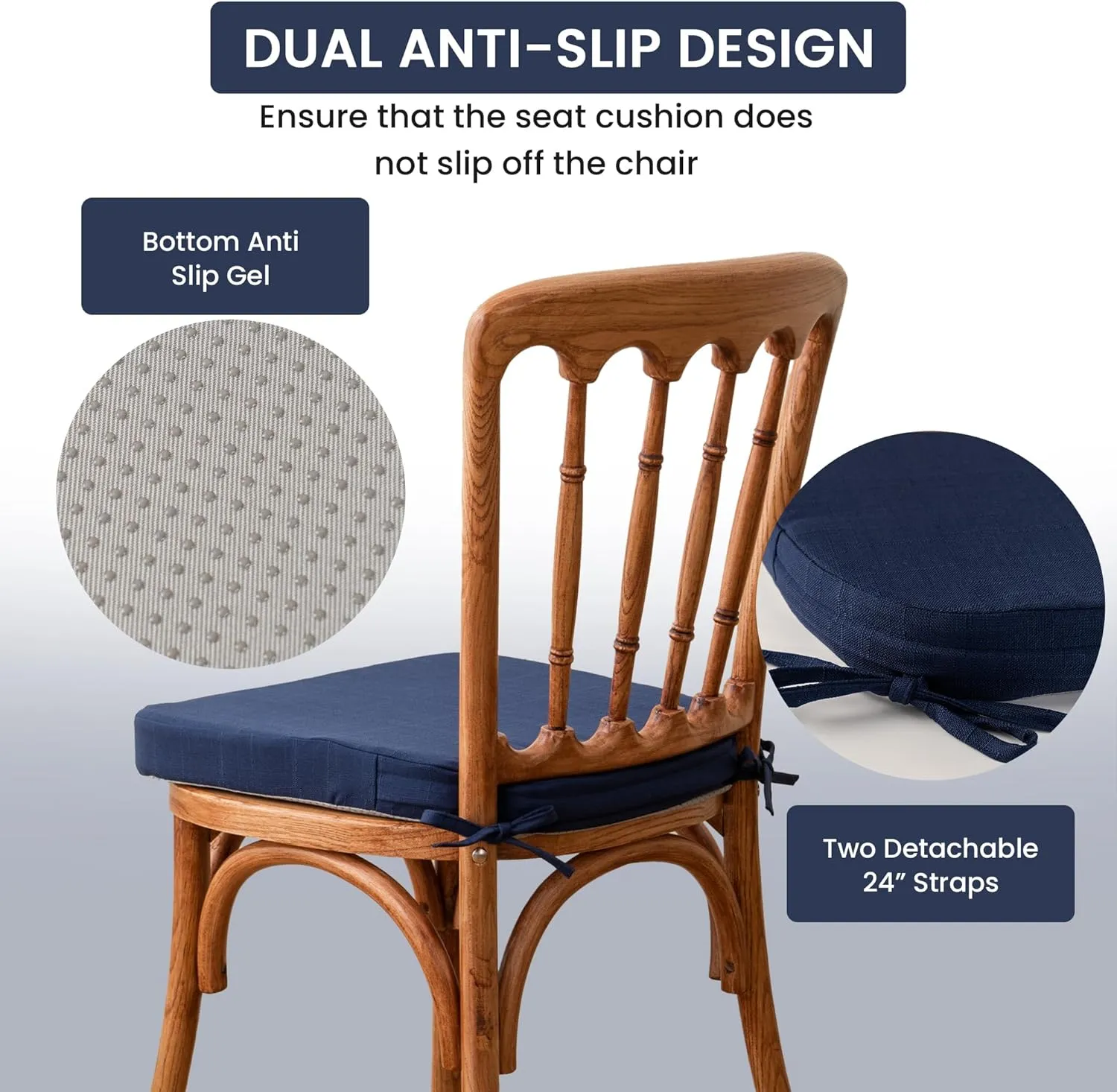 Battilo Chair Cushions for Dining Chairs with Ties, Kitchen Chair Pad with Non-Slip Backing and Removable Cover, Indoor/Outdoor Dining Seat Cushion, 16"x16"x2", Set of 4, Navy