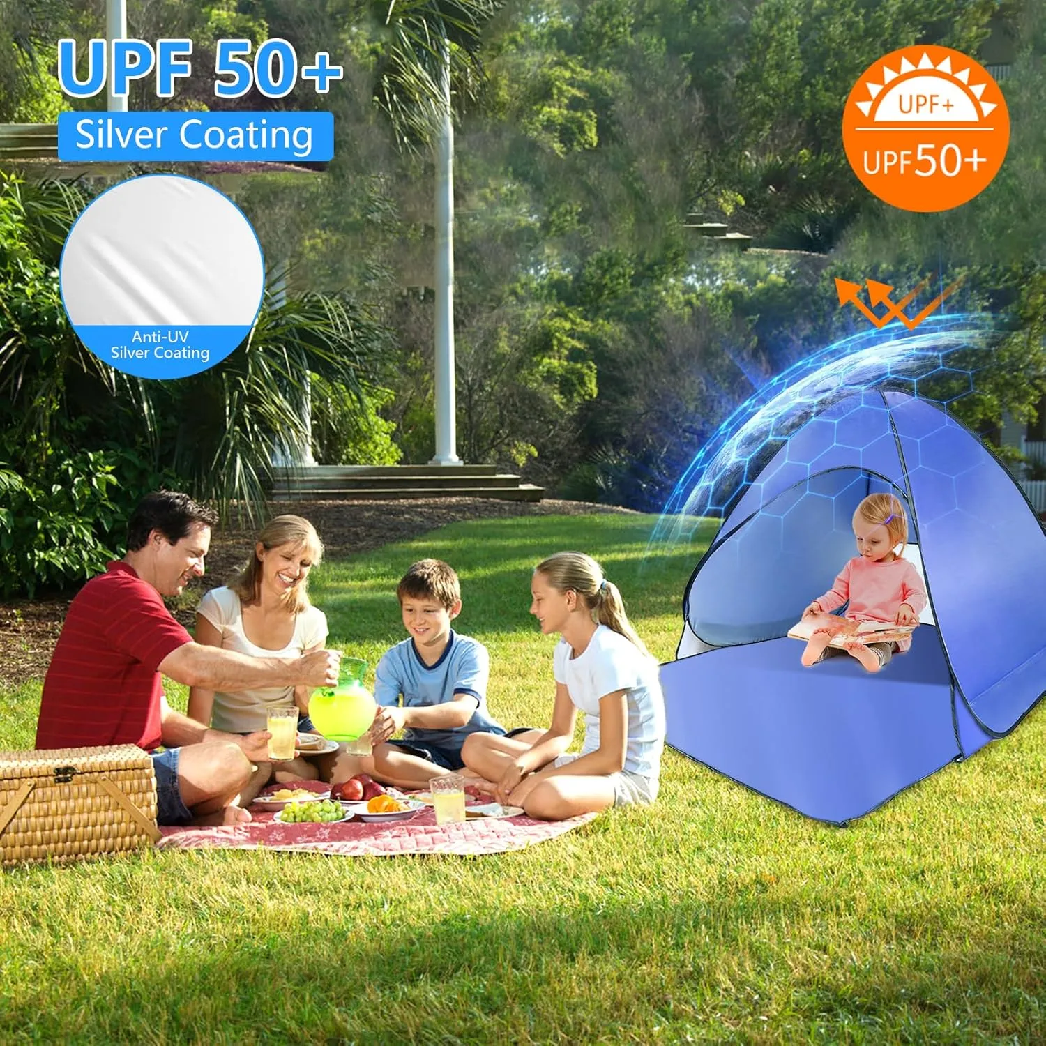 Beach Tent, Easy Pop Up 2-3 Person Beach Shade Beach Tent, Sun Shelter Instant Portable Beach Tent Umbrella Sun Shade Canopy with Storage Bag for Outdoor Beach Camping Fishing (Blue)