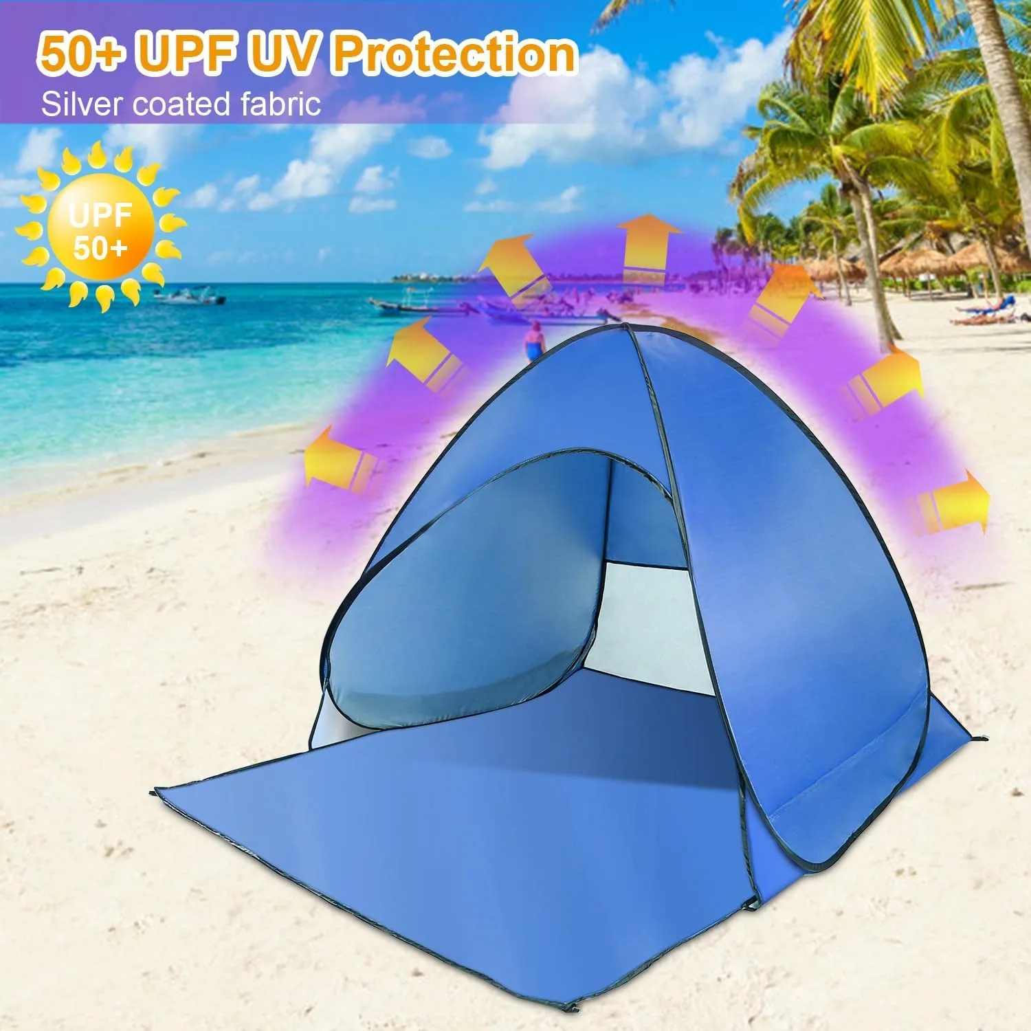 Beach Tent Pop Up Beach Tent Sun Shade Shelter Anti-UV Automatic Waterproof Tent Canopy for 2-3 Person w/Net Window Storage Bag for Outdoor Beach Camping Fishing Park