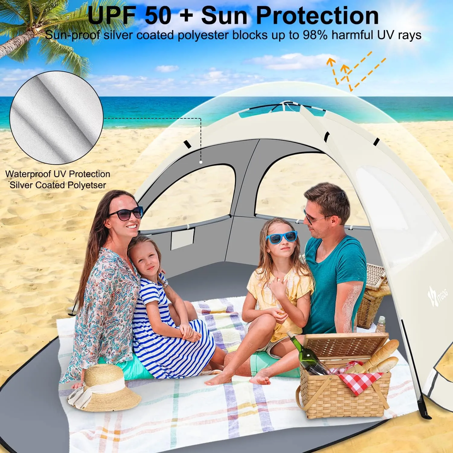 Beach Tent Sun Shelter for 3-4Person, Lightweight Beach Tent with UV Protection, 3 Mesh Roll Up Windows & 8.0mm Fiberglass, Easy Assemble