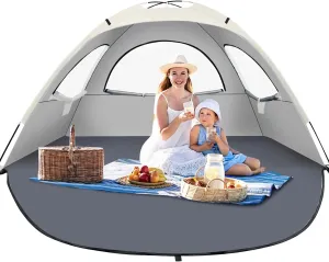 Beach Tent Sun Shelter for 3-4Person, Lightweight Beach Tent with UV Protection, 3 Mesh Roll Up Windows & 8.0mm Fiberglass, Easy Assemble