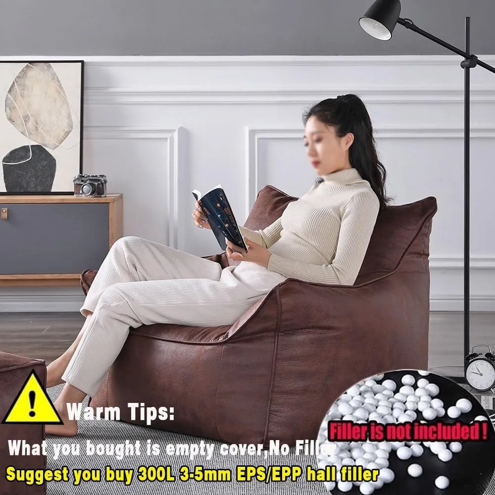 Bean Bag Chair Bean Bag Cover （No Filler） Luxury Single Lazy Sofa Cover PU Faux Suede Leather Bean Bag Pouf Chair for Bedroom Living Room Garden, Bean Bag Cover (Color : Retro Yellow)