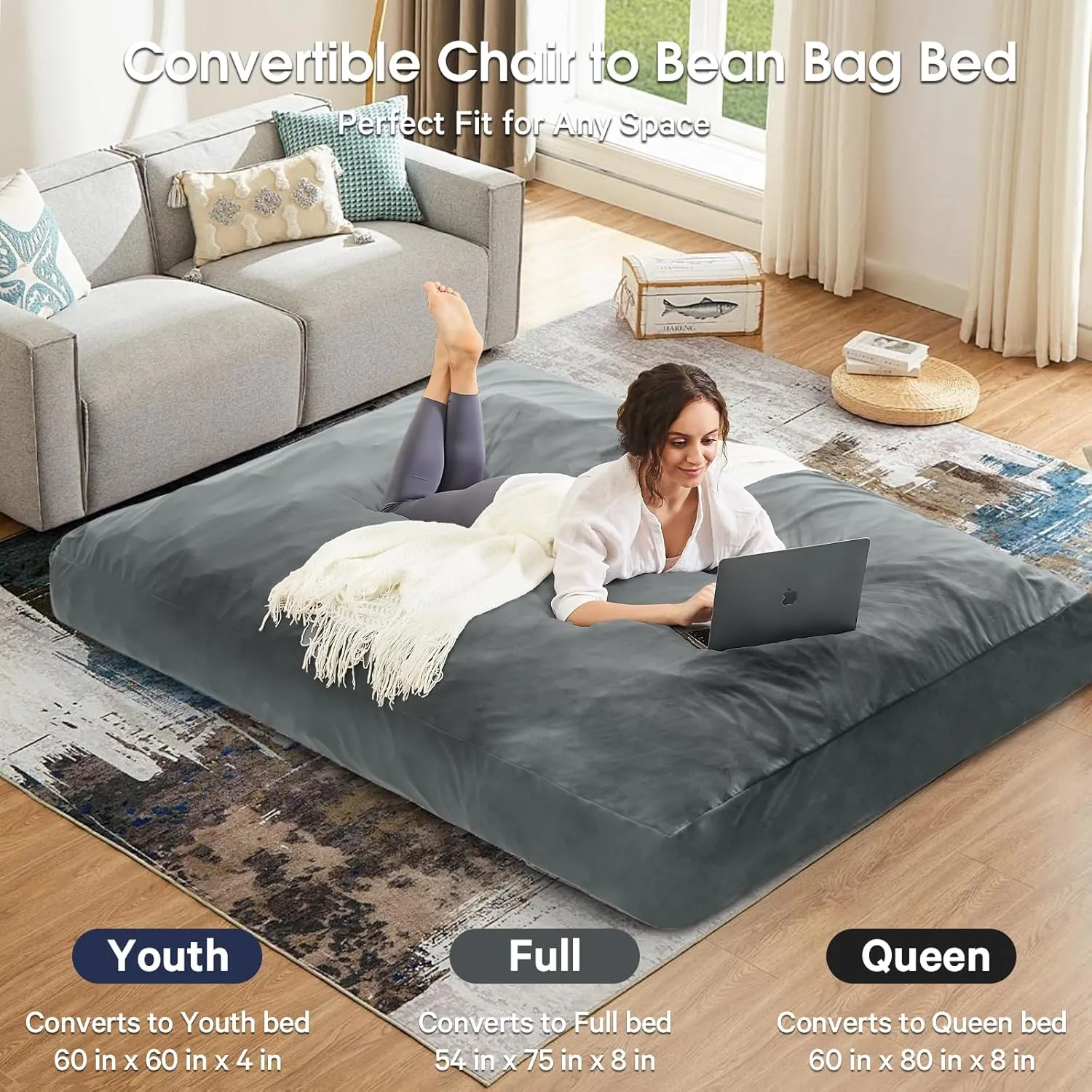 Bean Bag Chairs for Adults - Giant Bean Bag Chair Convertible Bean Bag Bed - Beanbag Chair with Micro Fiber Cover/Furniture Foam Filler - Floor Couch Sofa in Bedroom Dorm Room - Full Charcoal