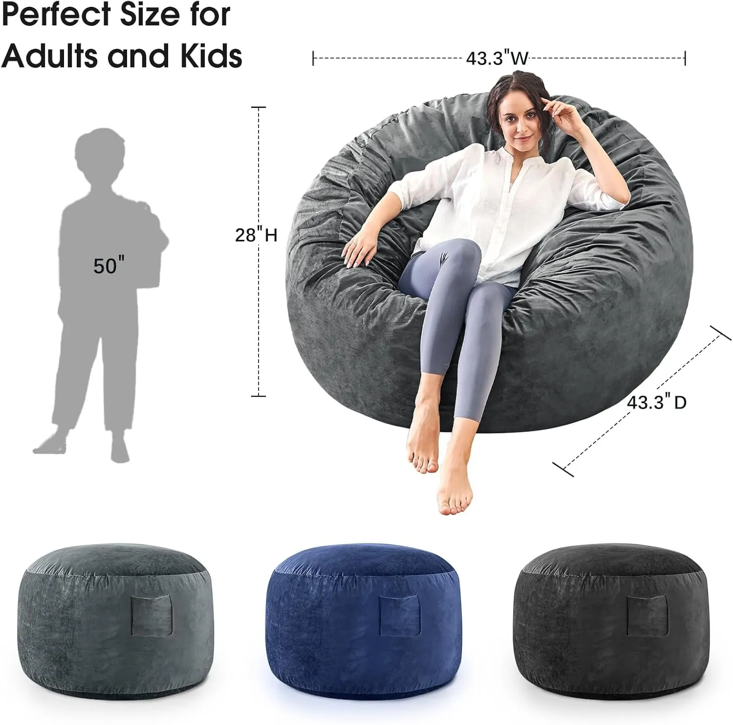 Bean Bag Chairs for Adults - Giant Bean Bag Chair Convertible Bean Bag Bed - Beanbag Chair with Micro Fiber Cover/Furniture Foam Filler - Floor Couch Sofa in Bedroom Dorm Room - Full Charcoal