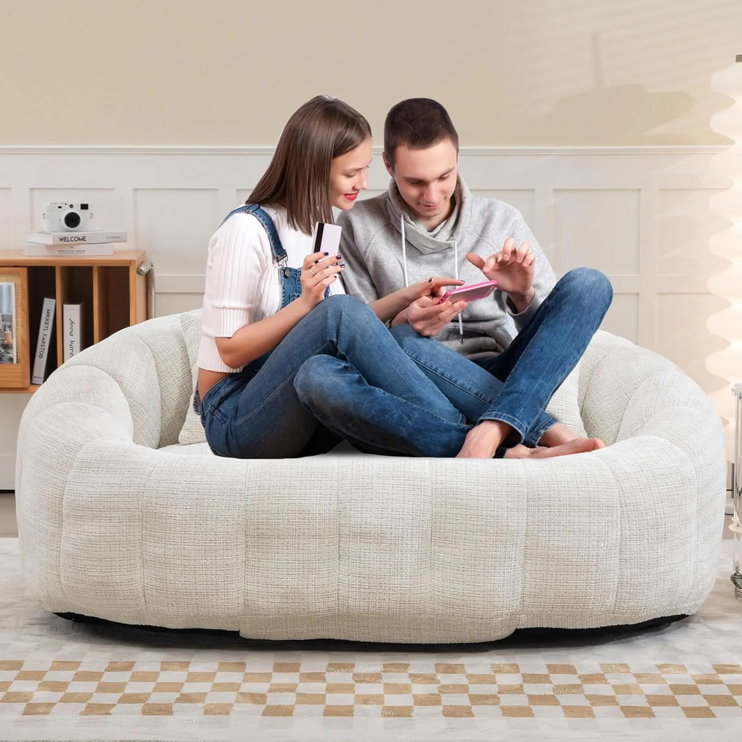 Bean Bag Sofa, Giant Bean Bag Loveseat with Pillows, Floor Lounger for Adults, Lazy Sofa with Foam Padding for Indoor (Beige)