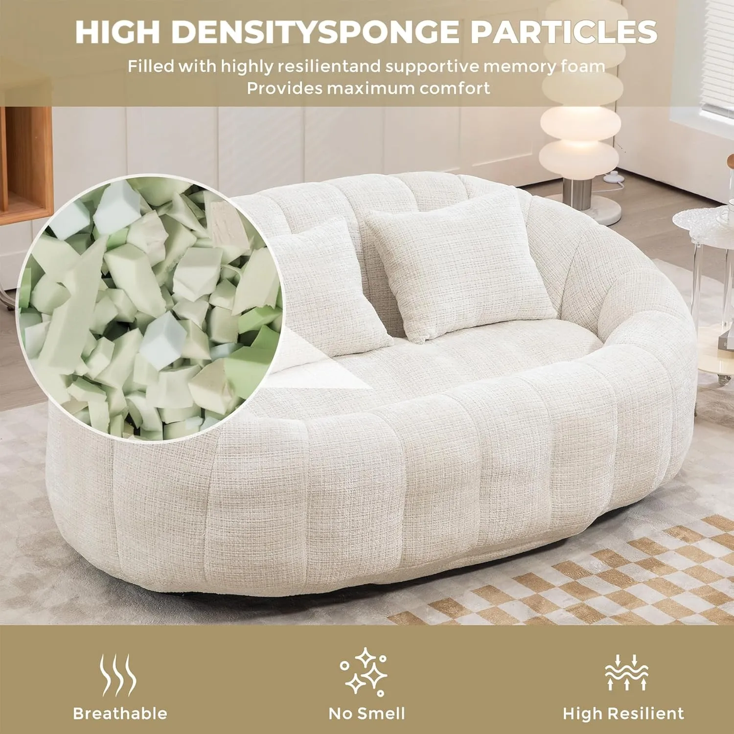 Bean Bag Sofa, Giant Bean Bag Loveseat with Pillows, Floor Lounger for Adults, Lazy Sofa with Foam Padding for Indoor (Beige)