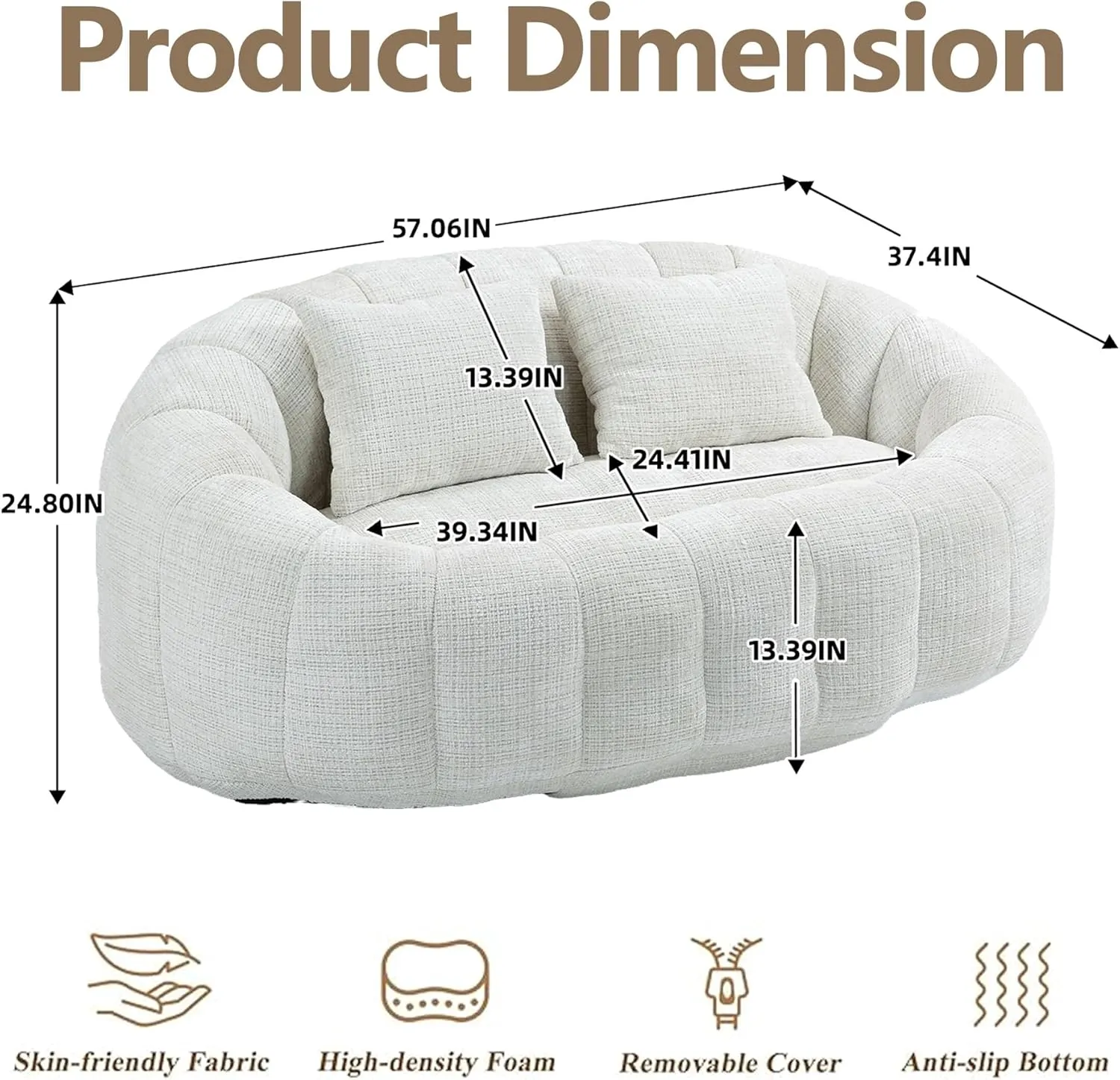 Bean Bag Sofa, Giant Bean Bag Loveseat with Pillows, Floor Lounger for Adults, Lazy Sofa with Foam Padding for Indoor (Beige)