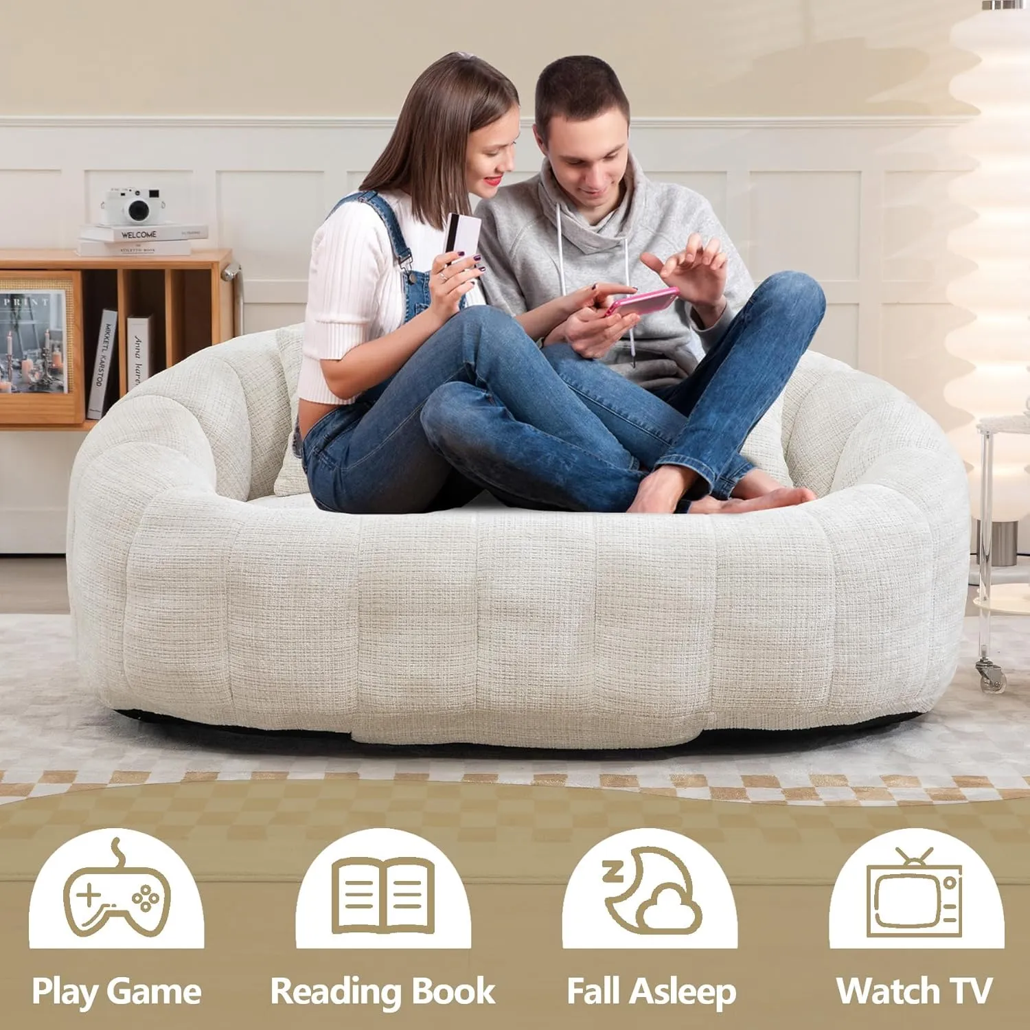 Bean Bag Sofa, Giant Bean Bag Loveseat with Pillows, Floor Lounger for Adults, Lazy Sofa with Foam Padding for Indoor (Beige)
