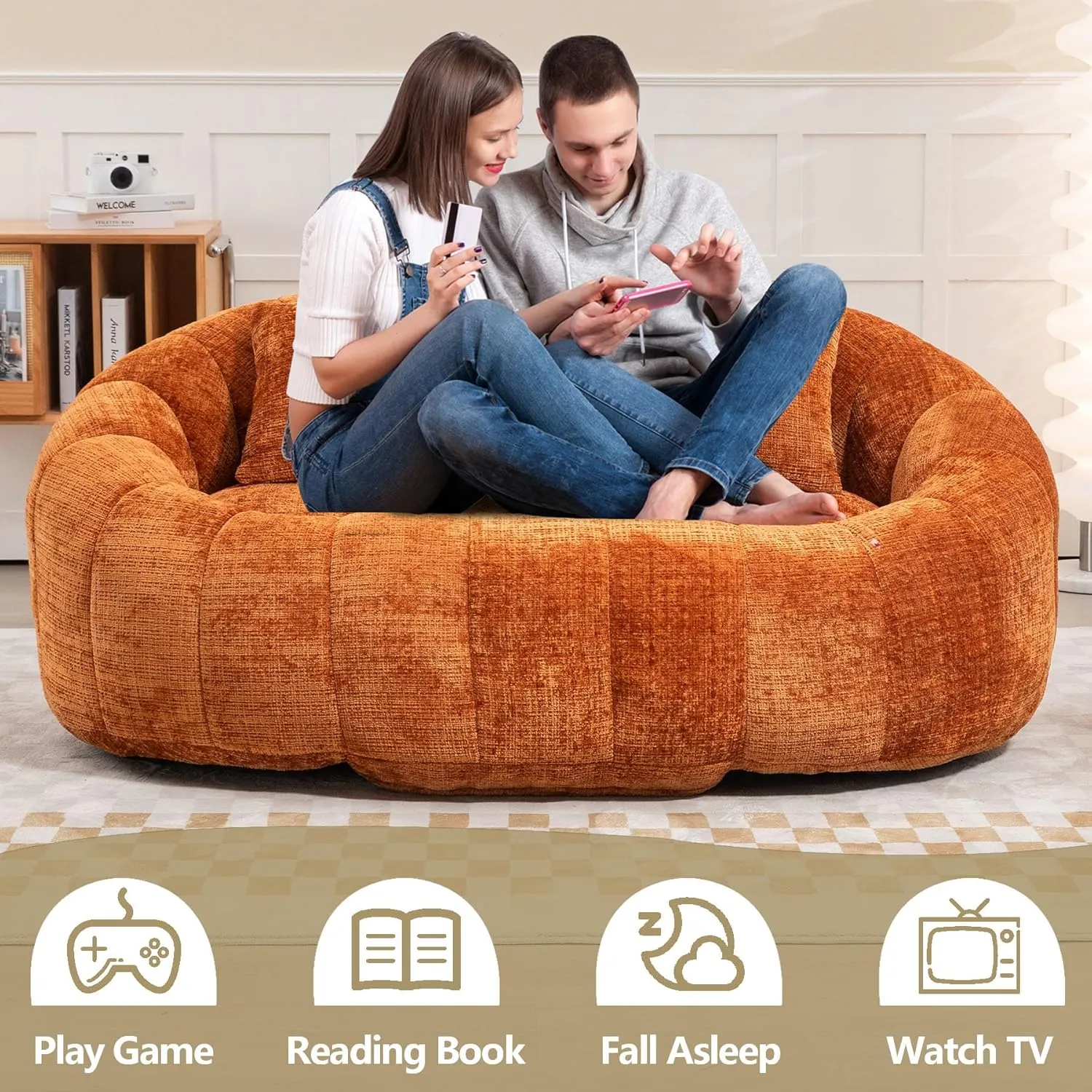 Bean Bag Sofa, Giant Bean Bag Loveseat with Pillows, Floor Lounger for Adults, Lazy Sofa with Foam Padding for Indoor (Orange)