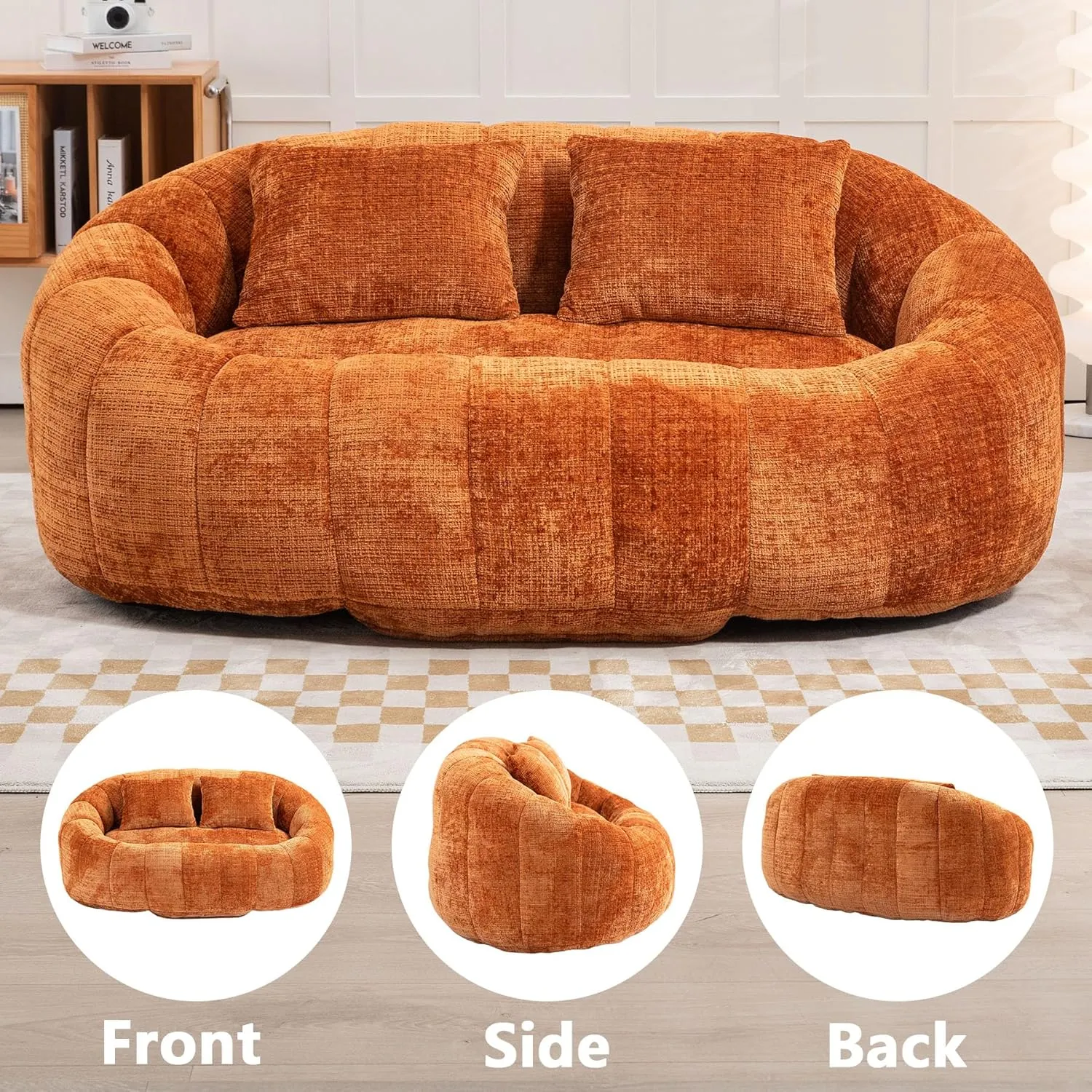 Bean Bag Sofa, Giant Bean Bag Loveseat with Pillows, Floor Lounger for Adults, Lazy Sofa with Foam Padding for Indoor (Orange)
