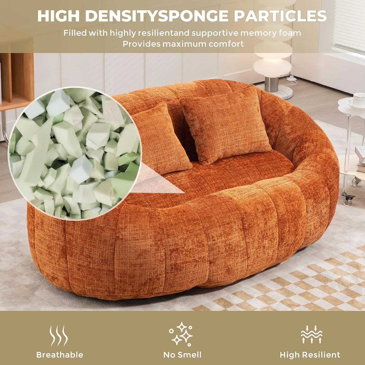 Bean Bag Sofa, Giant Bean Bag Loveseat with Pillows, Floor Lounger for Adults, Lazy Sofa with Foam Padding for Indoor (Orange)