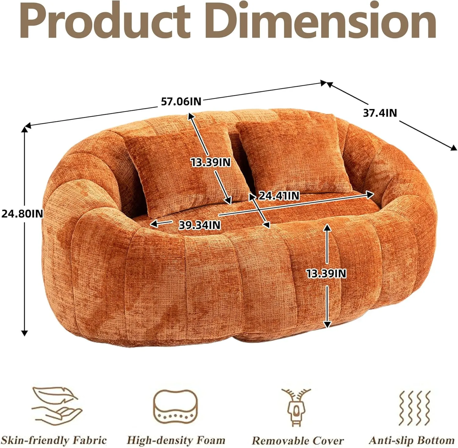 Bean Bag Sofa, Giant Bean Bag Loveseat with Pillows, Floor Lounger for Adults, Lazy Sofa with Foam Padding for Indoor (Orange)