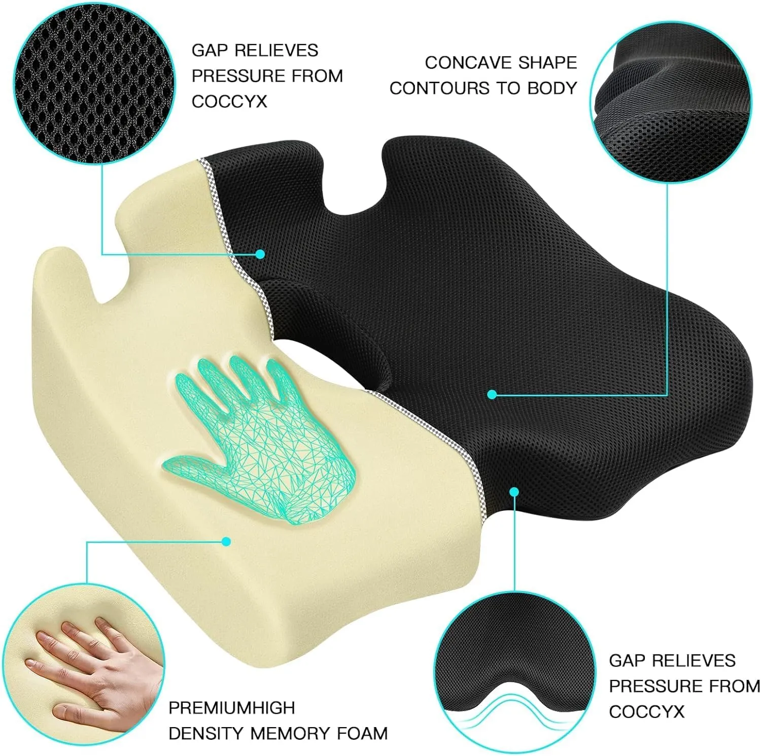 Benazcap X Large Memory Seat Cushion for Office Chair Pressure Relief Sciatica & Tailbone Pain Relief Memory Foam Firm Coccyx Pad for Long Sitting, for Office Chair, Gaming Chair and Car Seat Upgrade