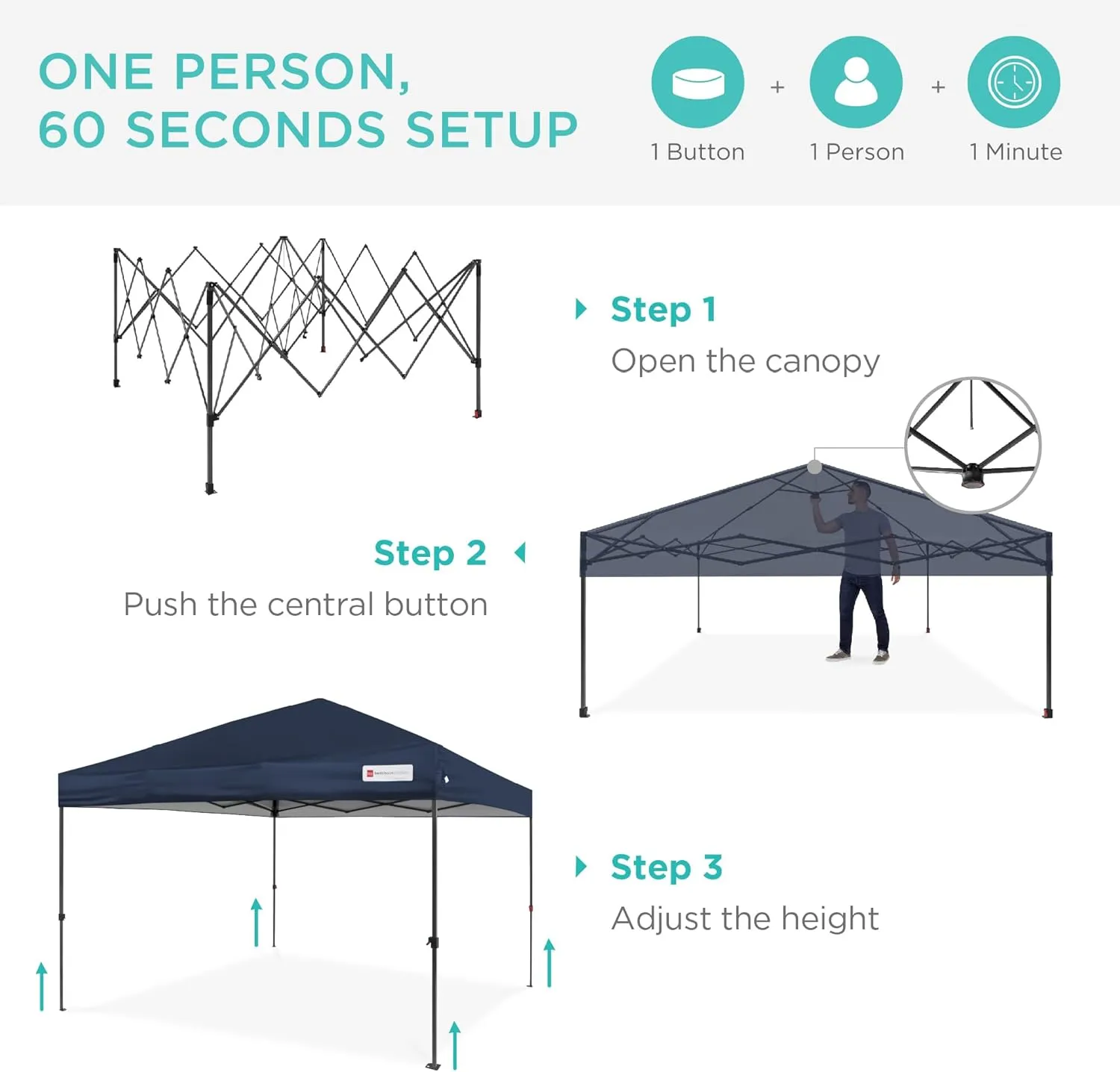 Best Choice Products 10x10ft 1-Person Setup Pop Up Canopy Tent Instant Portable Shelter w/ 1-Button Push, Case, 4 Weight Bags - Blue