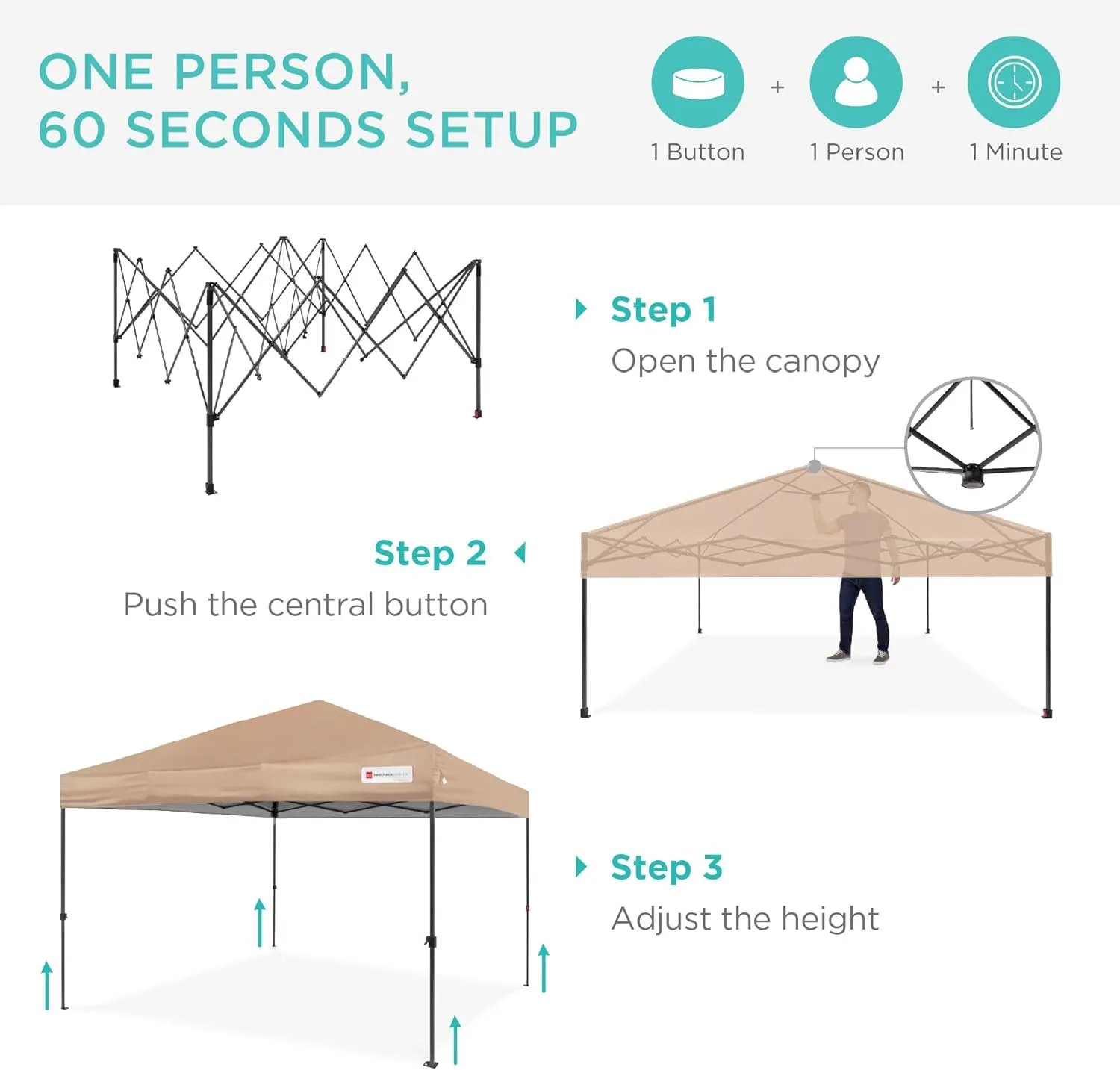 Best Choice Products 10x10ft 1-Person Setup Pop Up Canopy Tent Instant Portable Shelter w/ 1-Button Push, Case, 4 Weight Bags - Tan