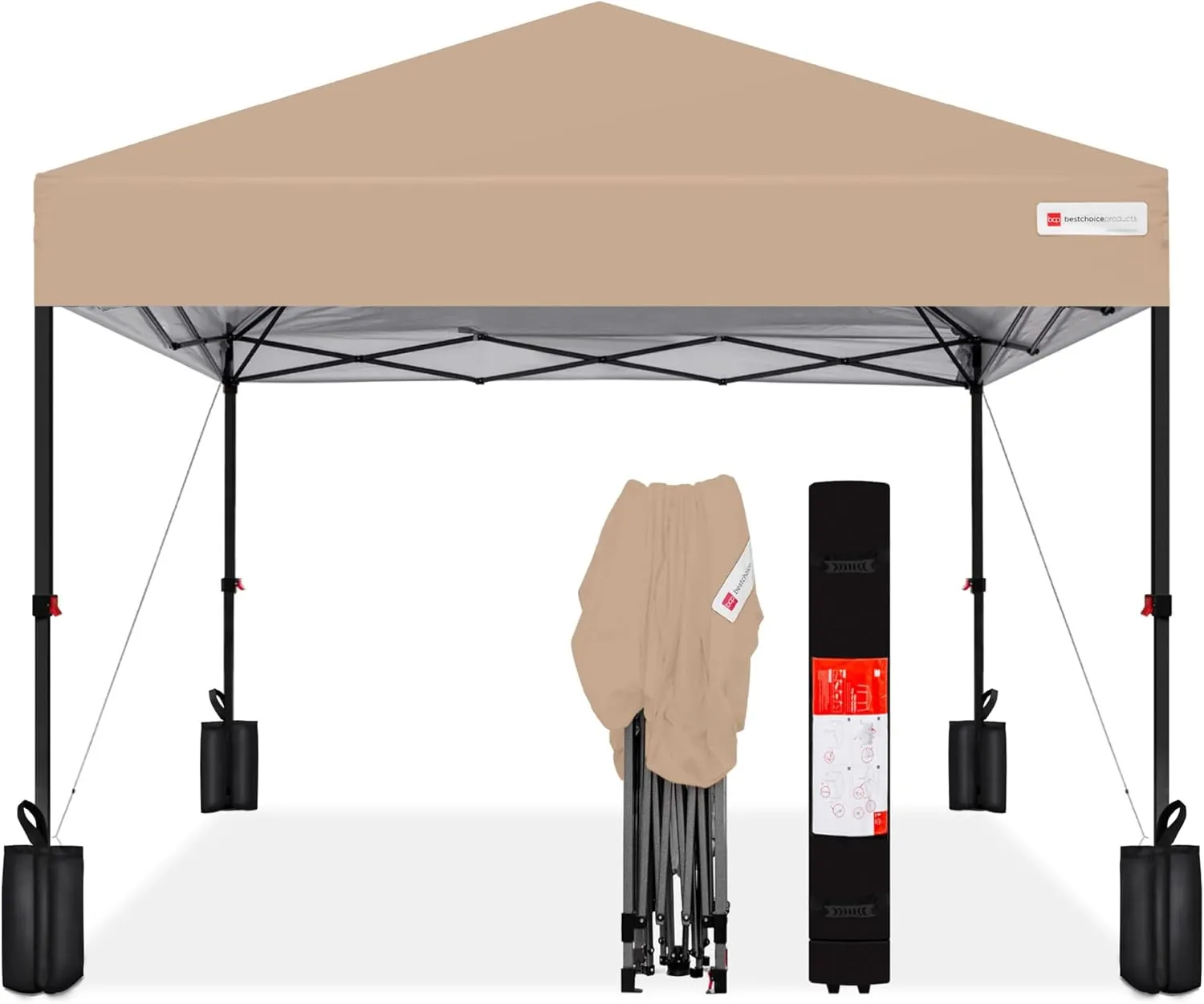 Best Choice Products 10x10ft 1-Person Setup Pop Up Canopy Tent Instant Portable Shelter w/ 1-Button Push, Case, 4 Weight Bags - Tan